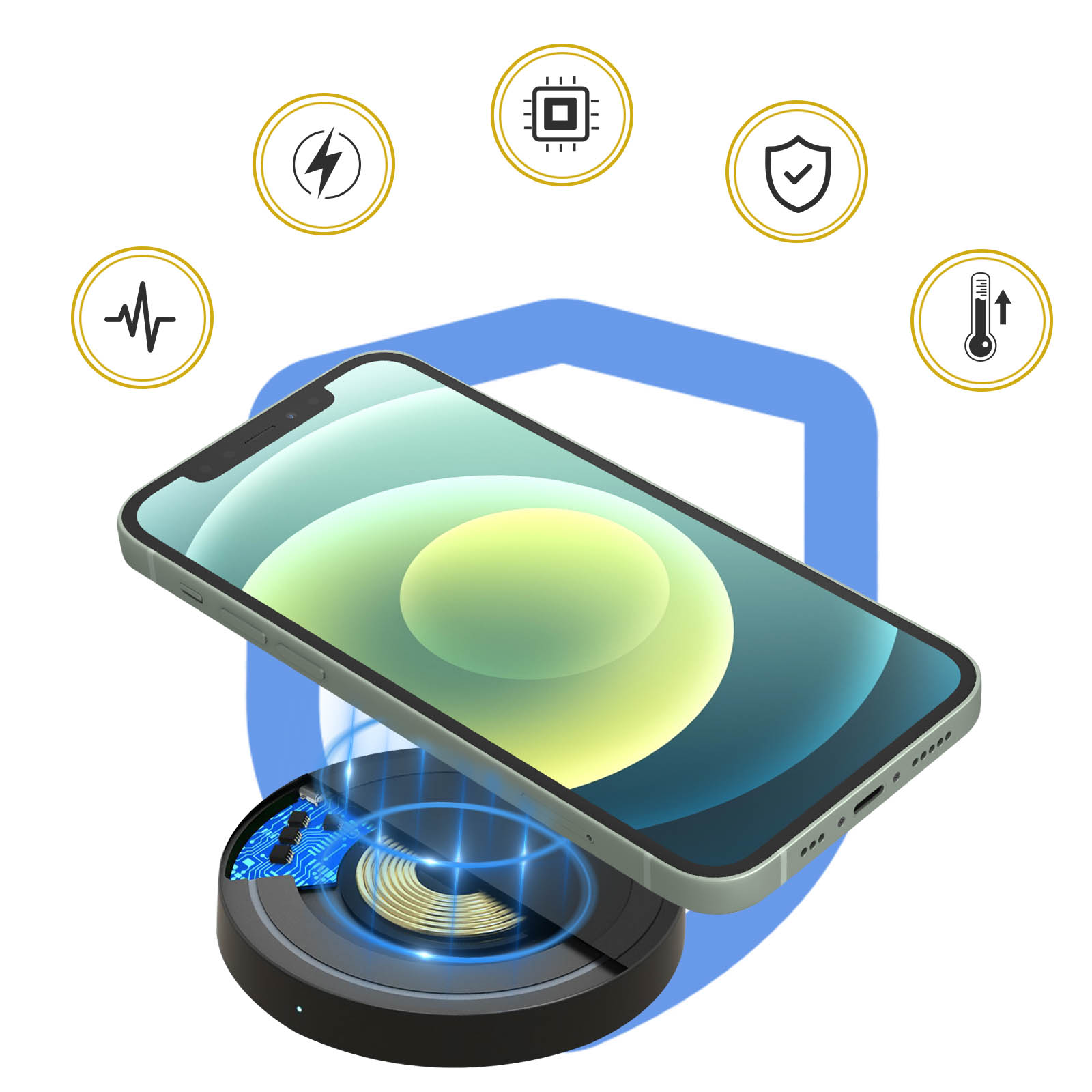 Teléfono en cargador inalámbrico. Iconos: rayo, chip, escudo, termómetro y corazón.