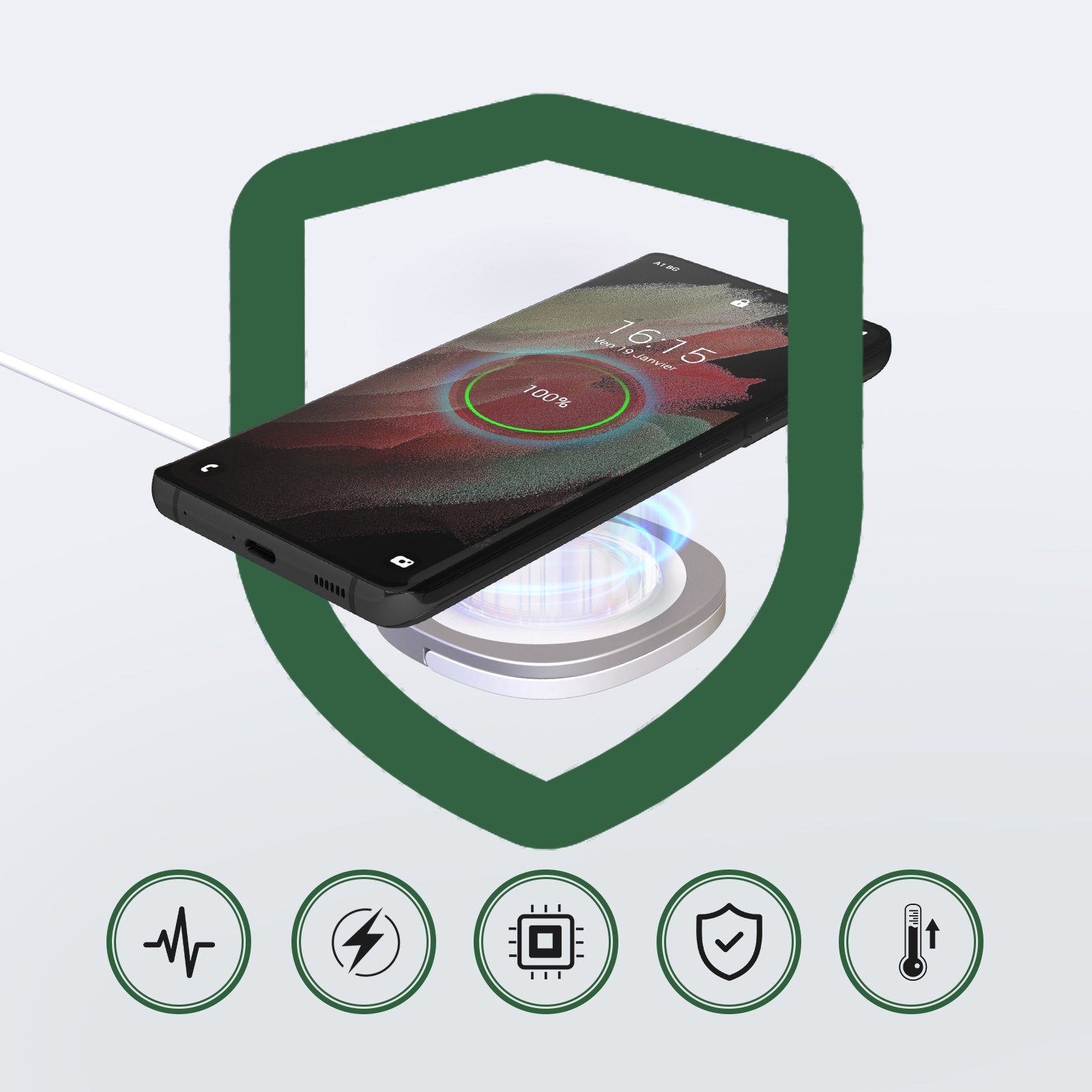 Uno smartphone si ricarica in modalità wireless. Uno scudo protegge il dispositivo. Le icone lo circondano.