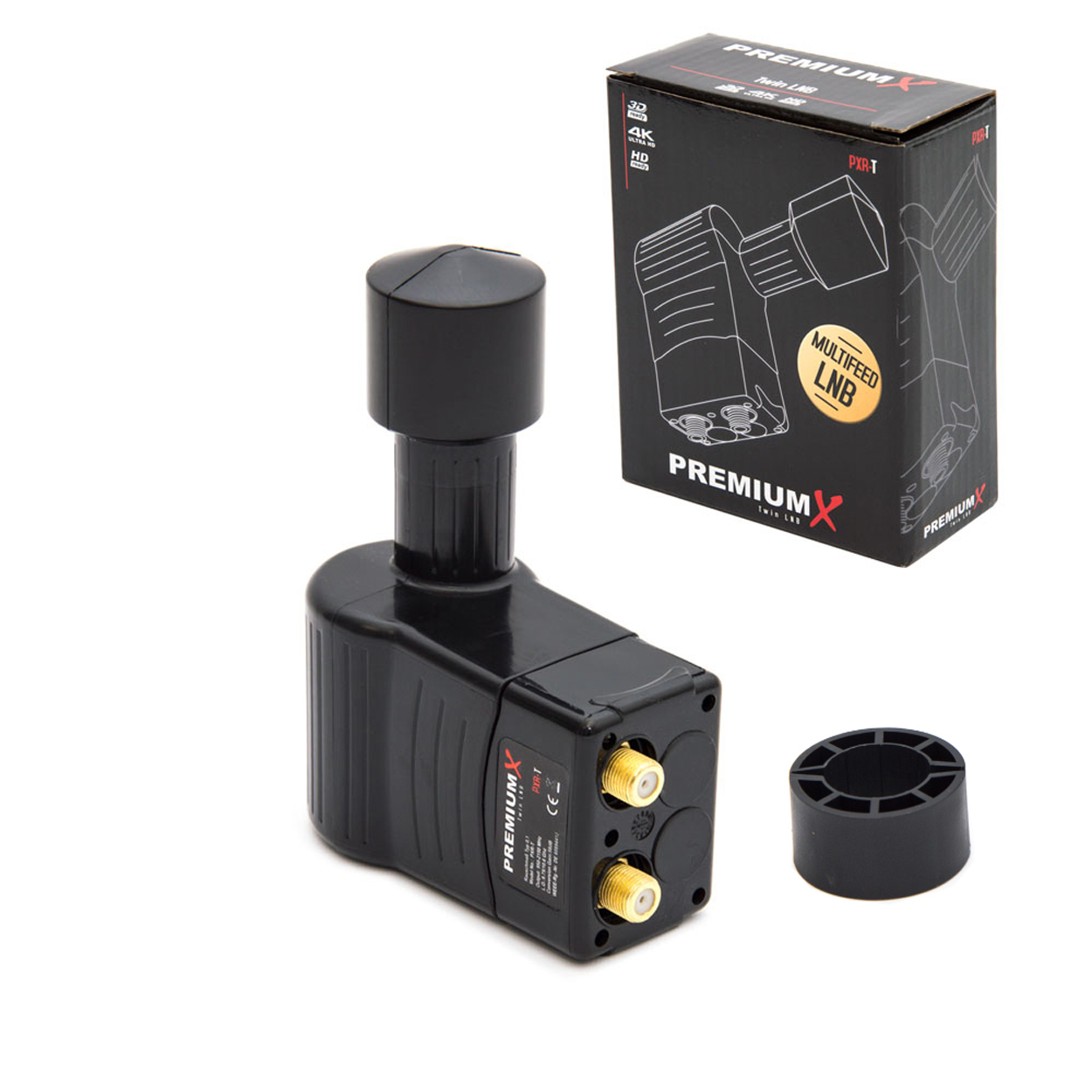 Schwarzer LNB-Satellitenempfänger mit schwarzer Box. Text 'PremiumX' ist sichtbar.