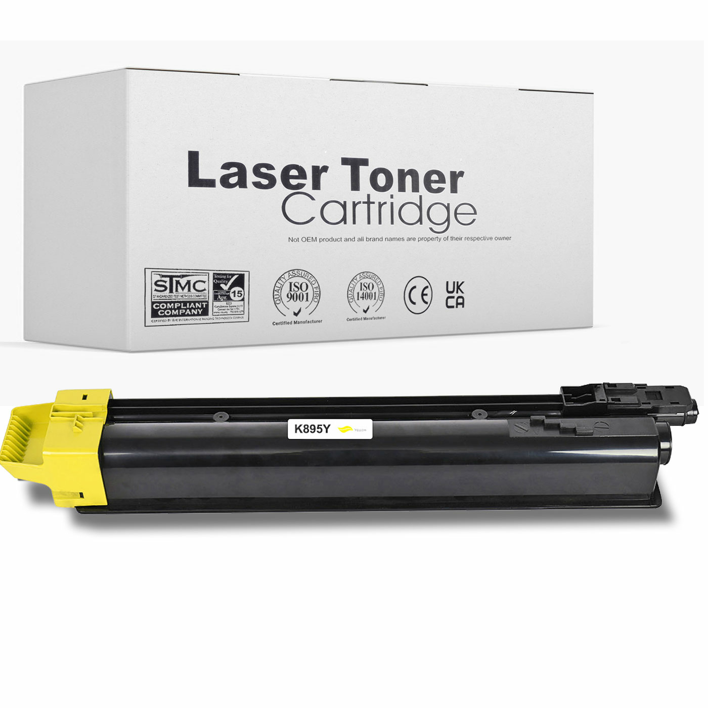 Eine gelb-schwarze Lasertoner-Kartusche in ihrer weißen Box.