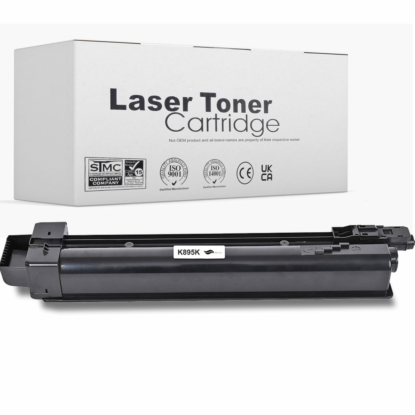 Eine weiße Box mit schwarzer Lasertoner-Kartusche und die Kartusche selbst.