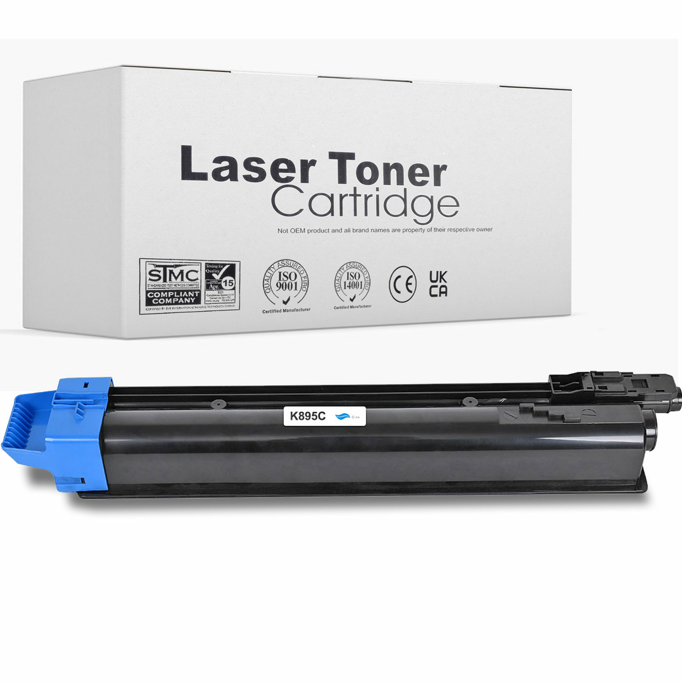 Lasertoner-Patrone in einer Box. Die Patrone ist blau und schwarz. Die Box ist weiß.