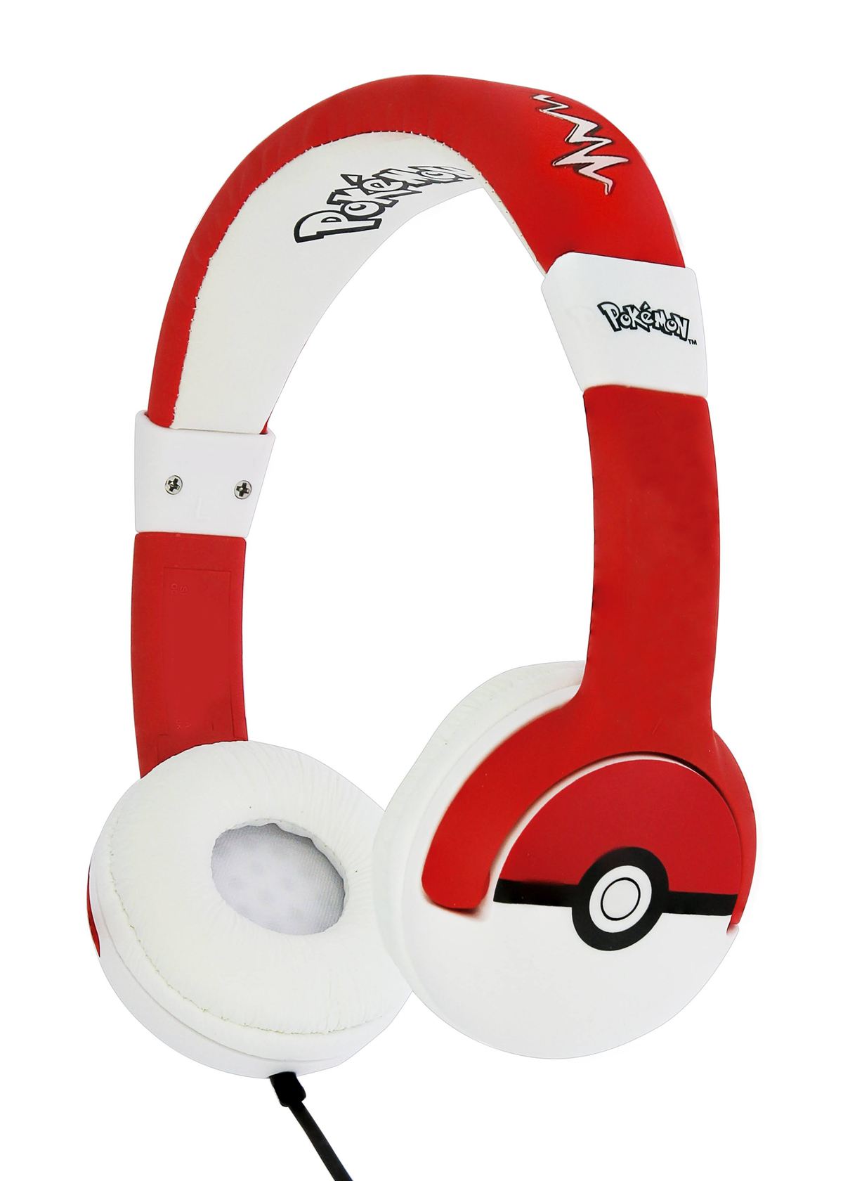 Rote und weiße Pokémon-Kopfhörer. Das Design umfasst das Logo und einen Pokeball. Schwarzes Kabel.