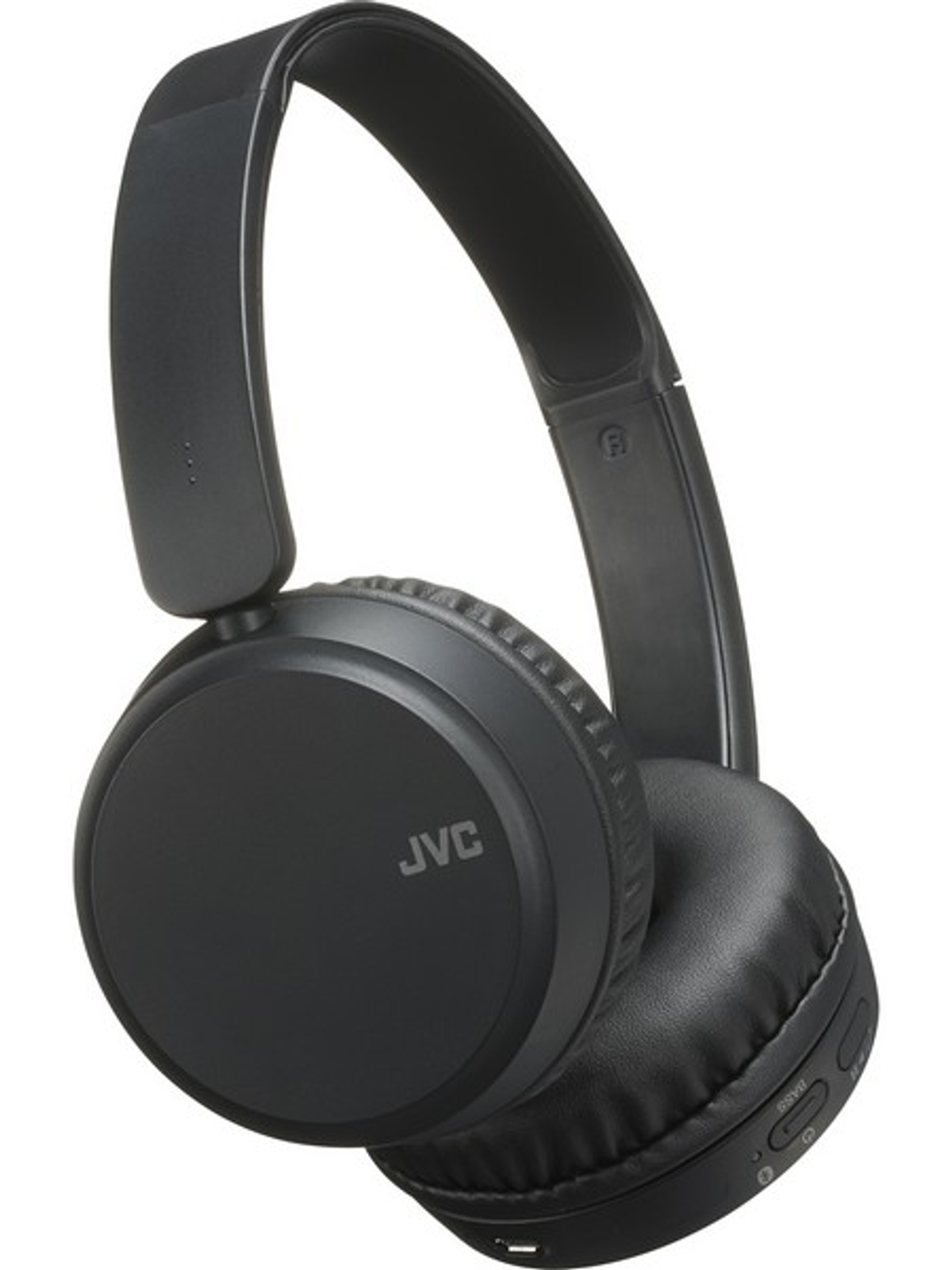 Schwarzer JVC-Kopfhörer, mit Ohrmuscheln und gepolstertem Kopfband, auf weißem Hintergrund.