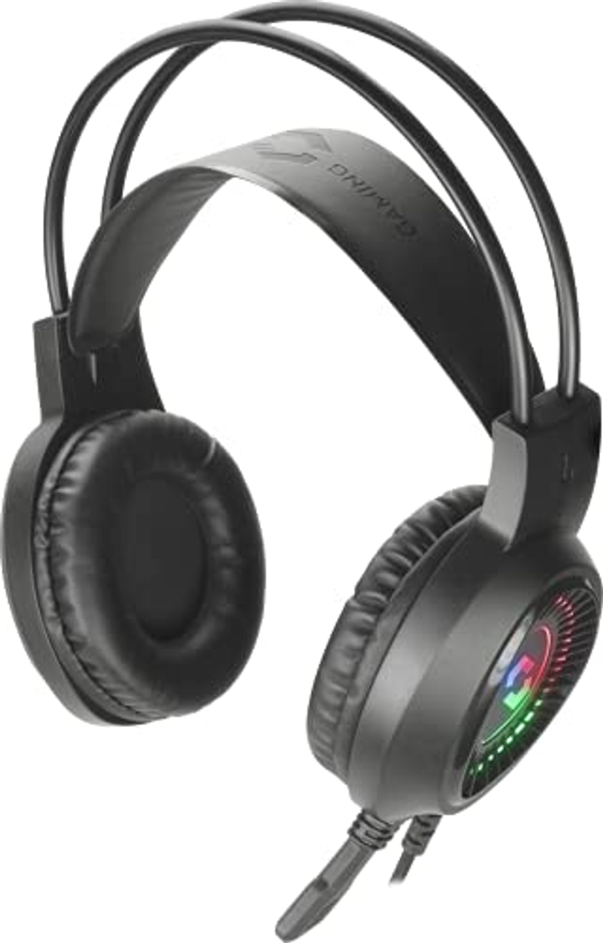 Una cuffia da gioco nera con illuminazione RGB e microfono. La cuffia ha cuscinetti auricolari imbottiti.