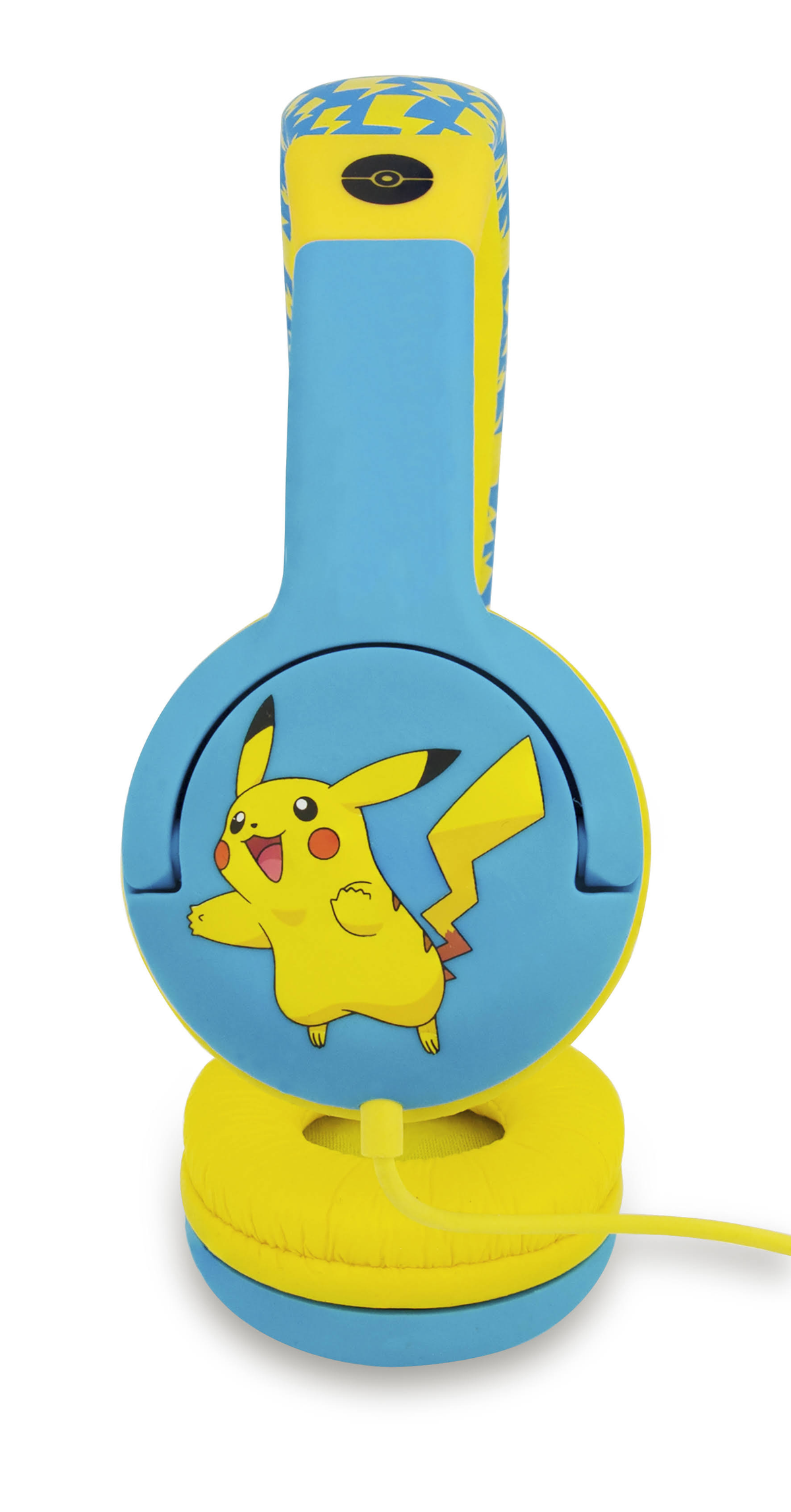 Blau-gelbe Pikachu-Kopfhörer. Pikachus Gesicht ist auf der Ohrmuschel.