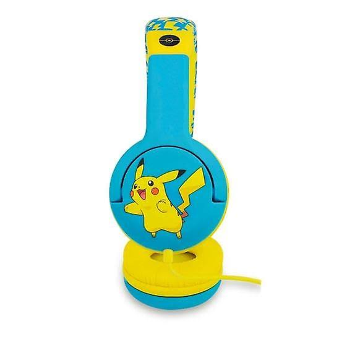 Blau-gelbe Pikachu-Kopfhörer, Vorderansicht, weißer Hintergrund, Cartoon-Design.
