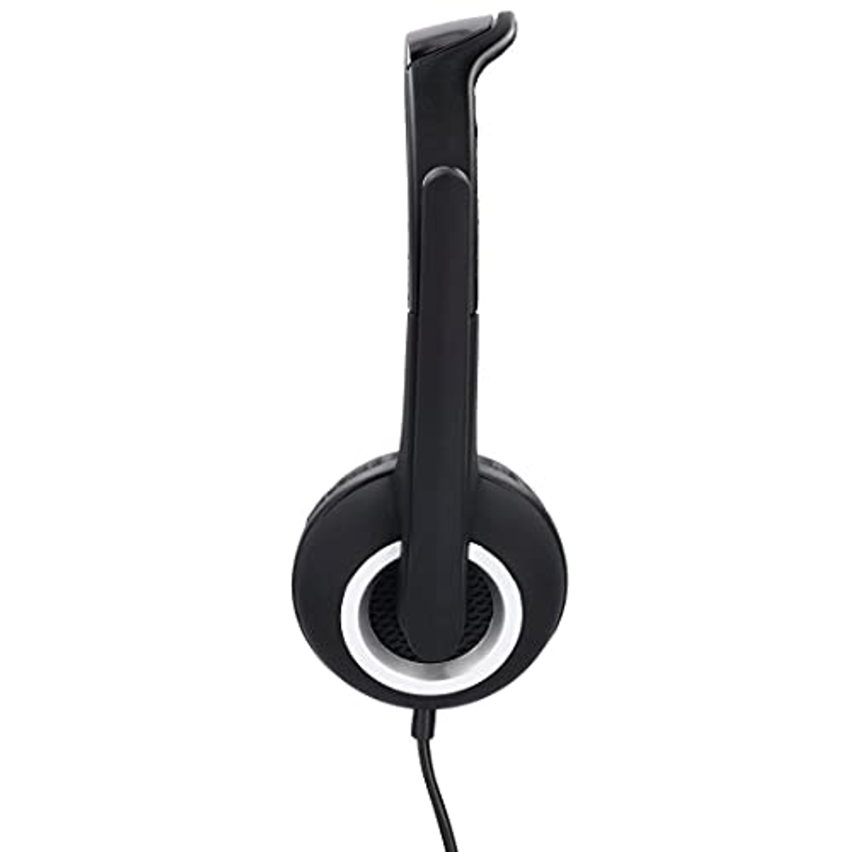 Schwarz-weißes Headset mit Mikrofon und Kabel, vor weißem Hintergrund.