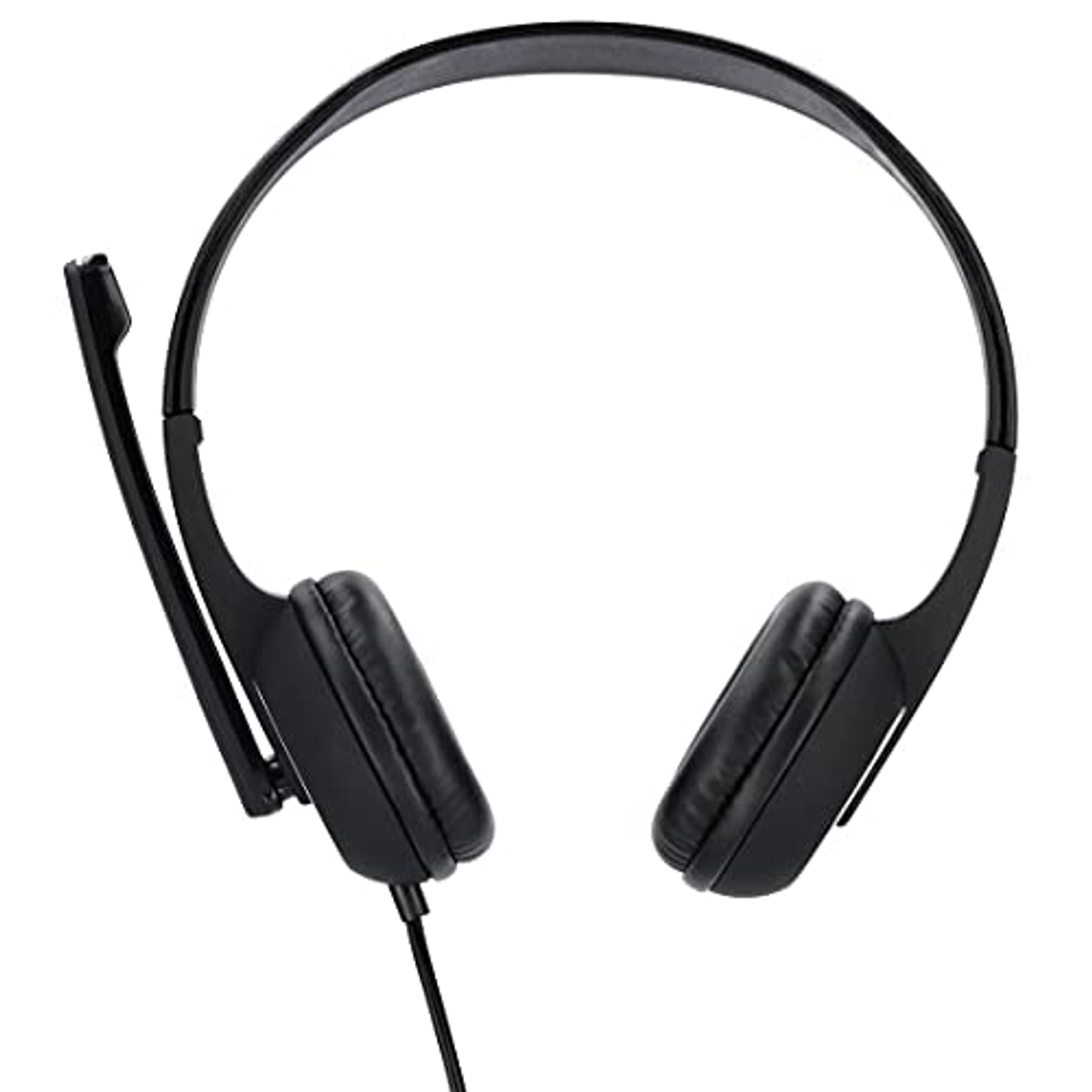 Schwarzes Headset mit Mikrofon, Draufsicht, zeigt Ohrmuscheln und Kopfband.