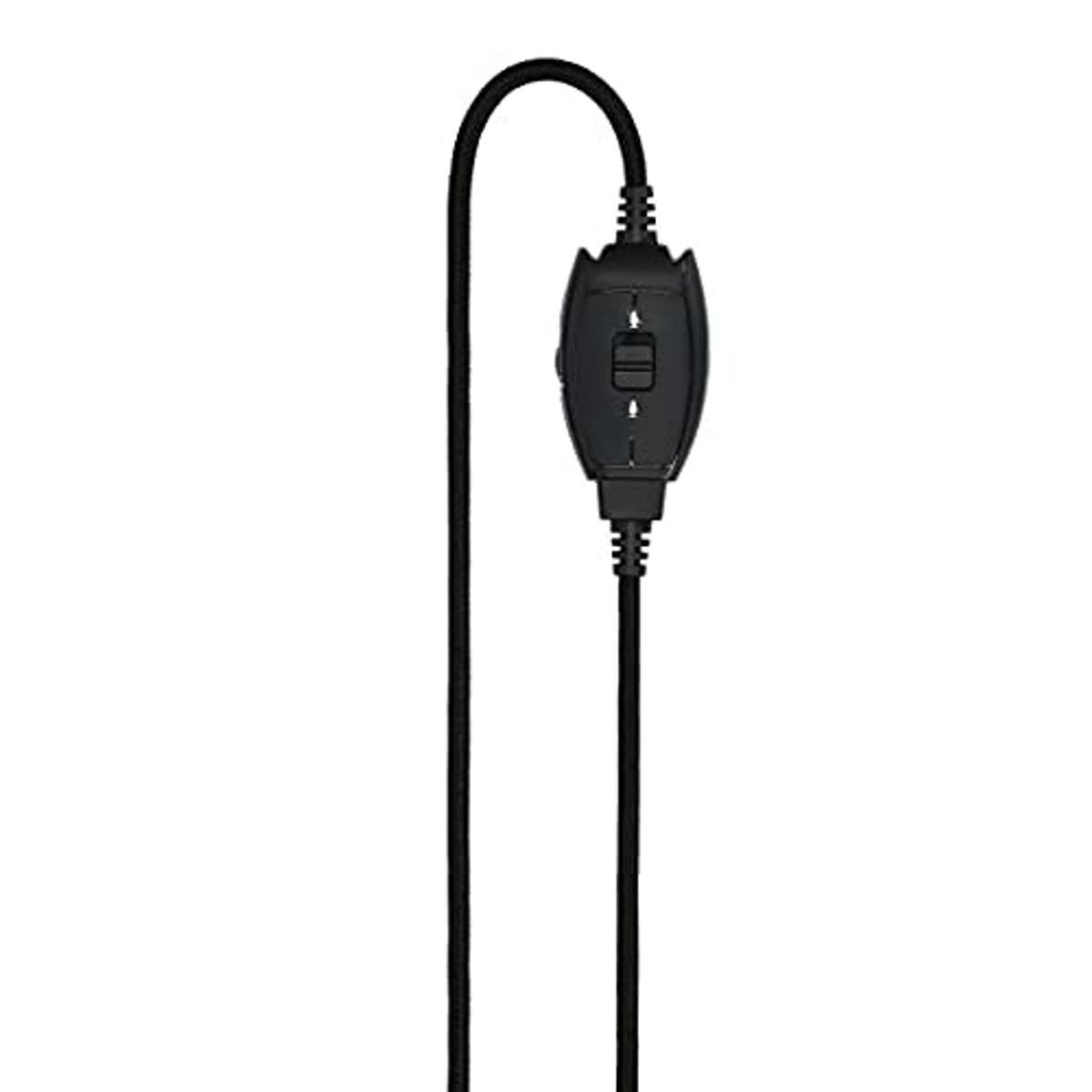 Eine schwarze Inline-Fernbedienung mit Tasten und einem Clip, verbunden mit einem schwarzen Kabel.