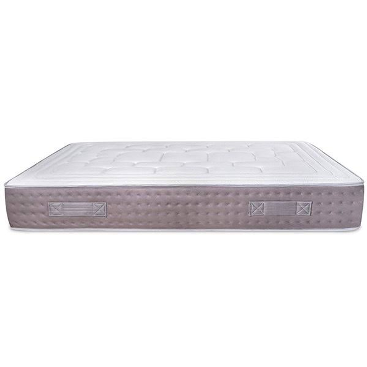 Biały materac z szarą obwódką.