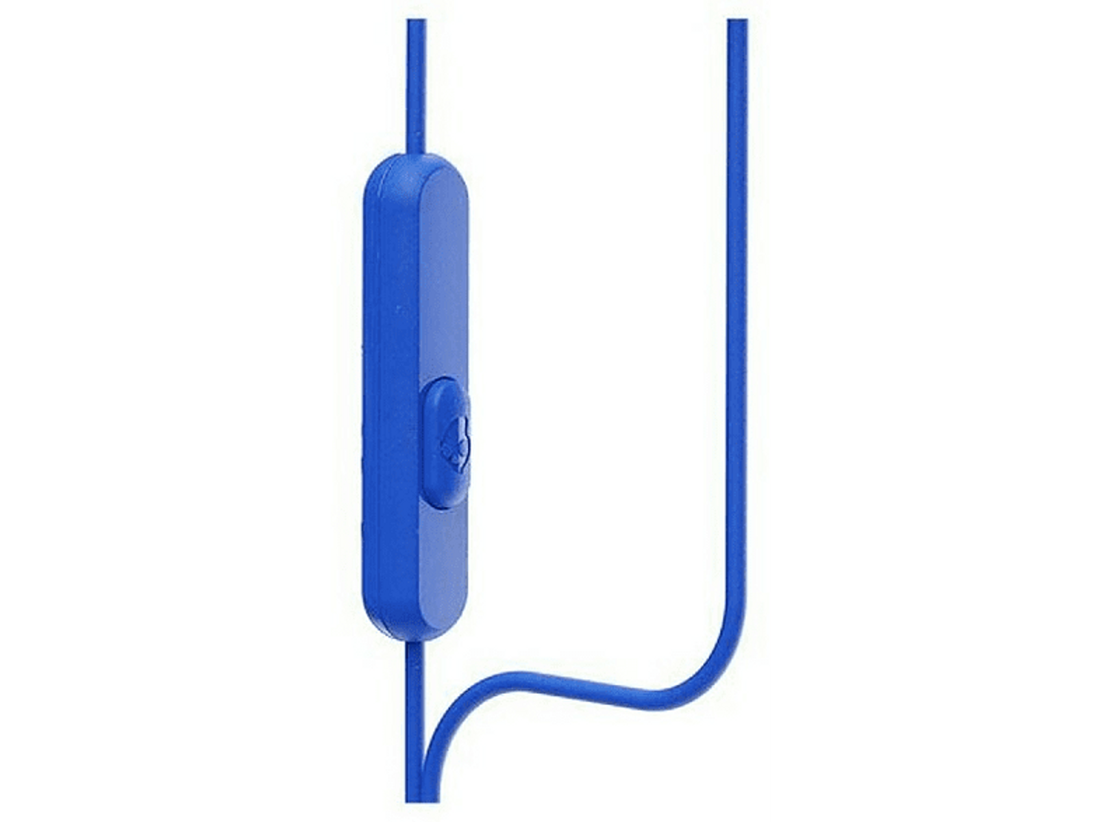 Niebieski pilot do słuchawek, z przyciskiem i kablem.