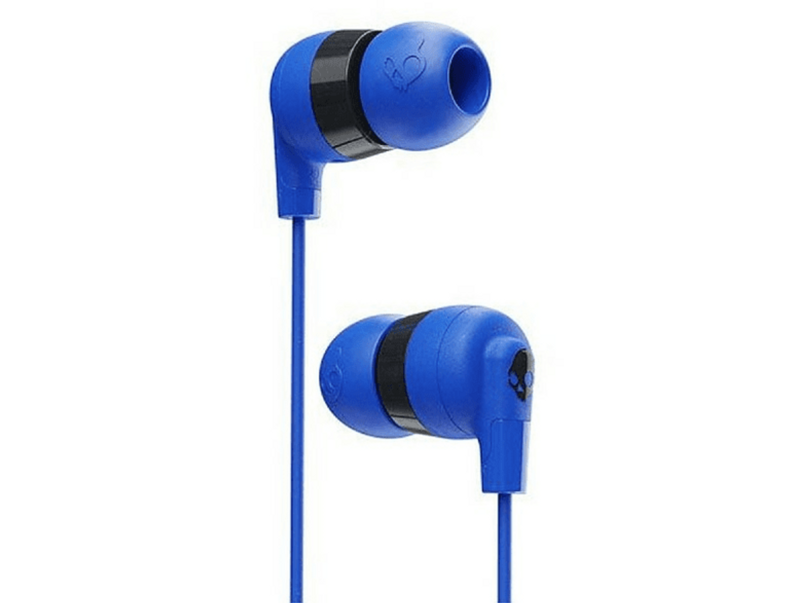 Niebieskie słuchawki Skullcandy z czarnymi akcentami i niebieskim kablem.