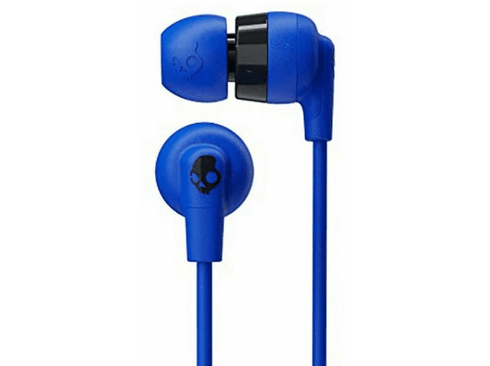Niebieskie słuchawki Skullcandy na czarnym tle.