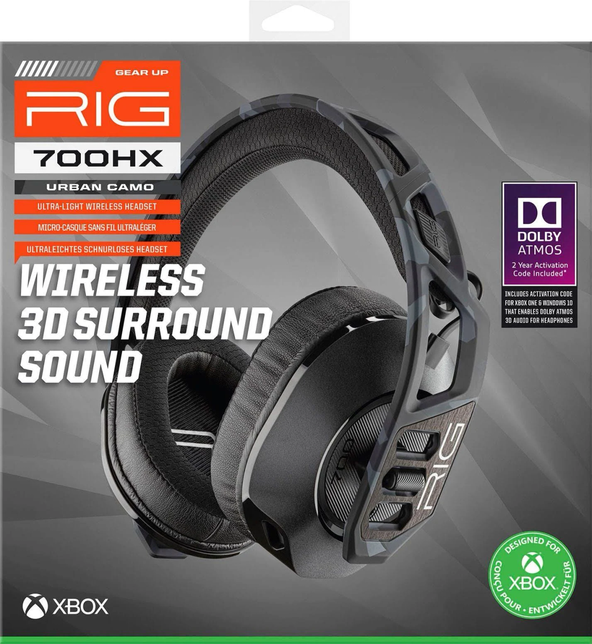 Zestaw słuchawkowy Rig 700HX w kamuflażu, z opakowaniem i tekstem.