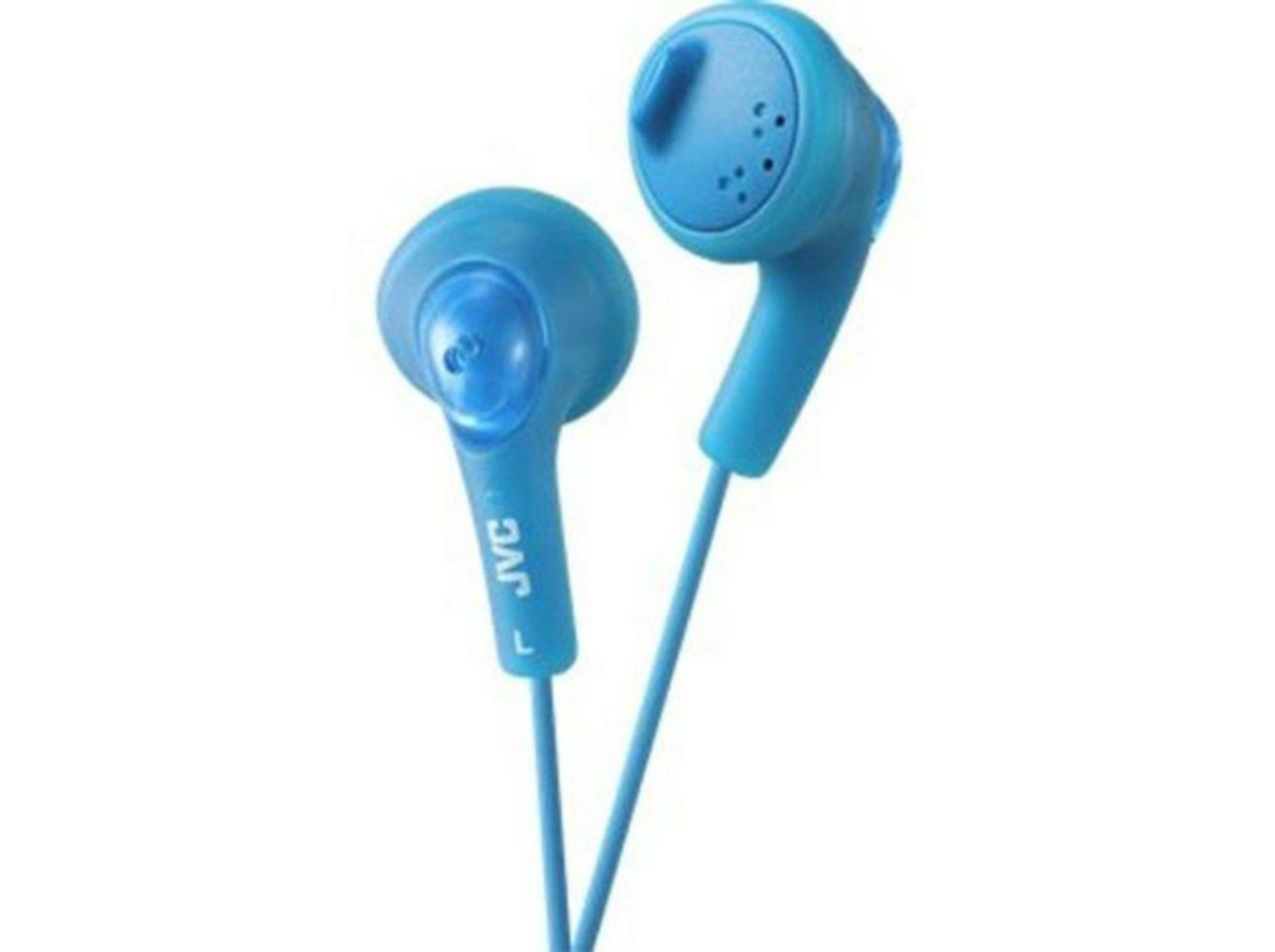 Dwa niebieskie słuchawki JVC na białym tle. Prawa słuchawka jest bliżej.
