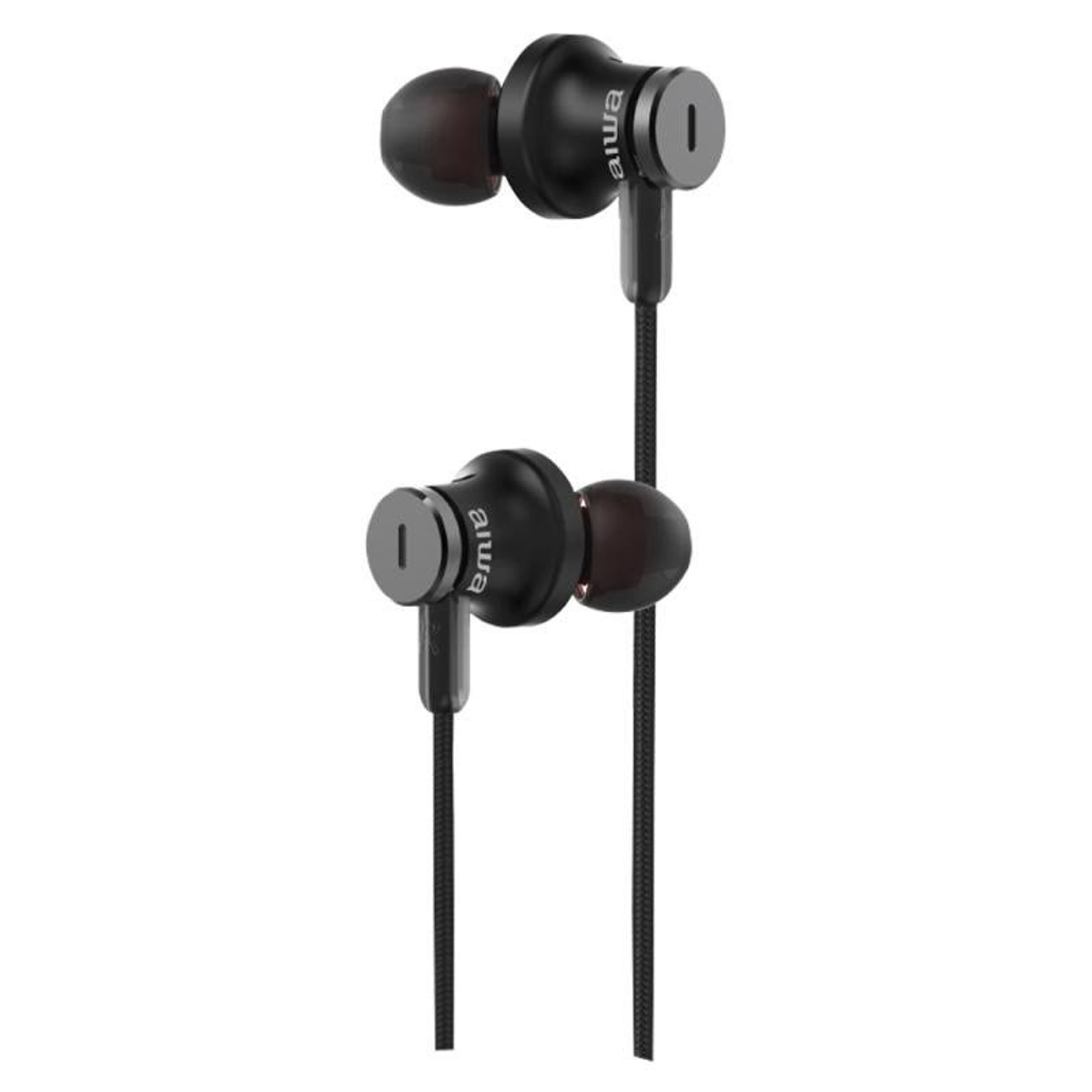 Zwei schwarze Aiwa-Ohrhörer mit schwarzem Kabel.