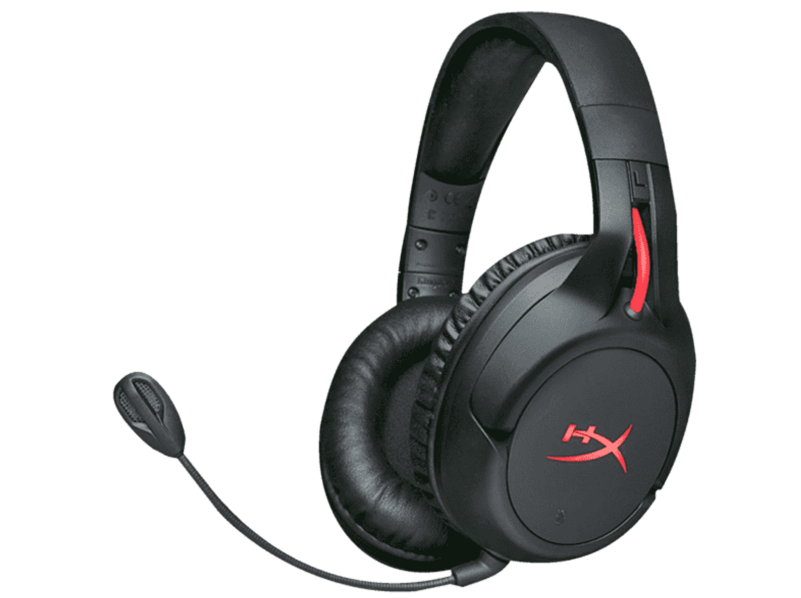 Czarne słuchawki z czerwonym logo HyperX, mikrofonem, na czarnym tle.