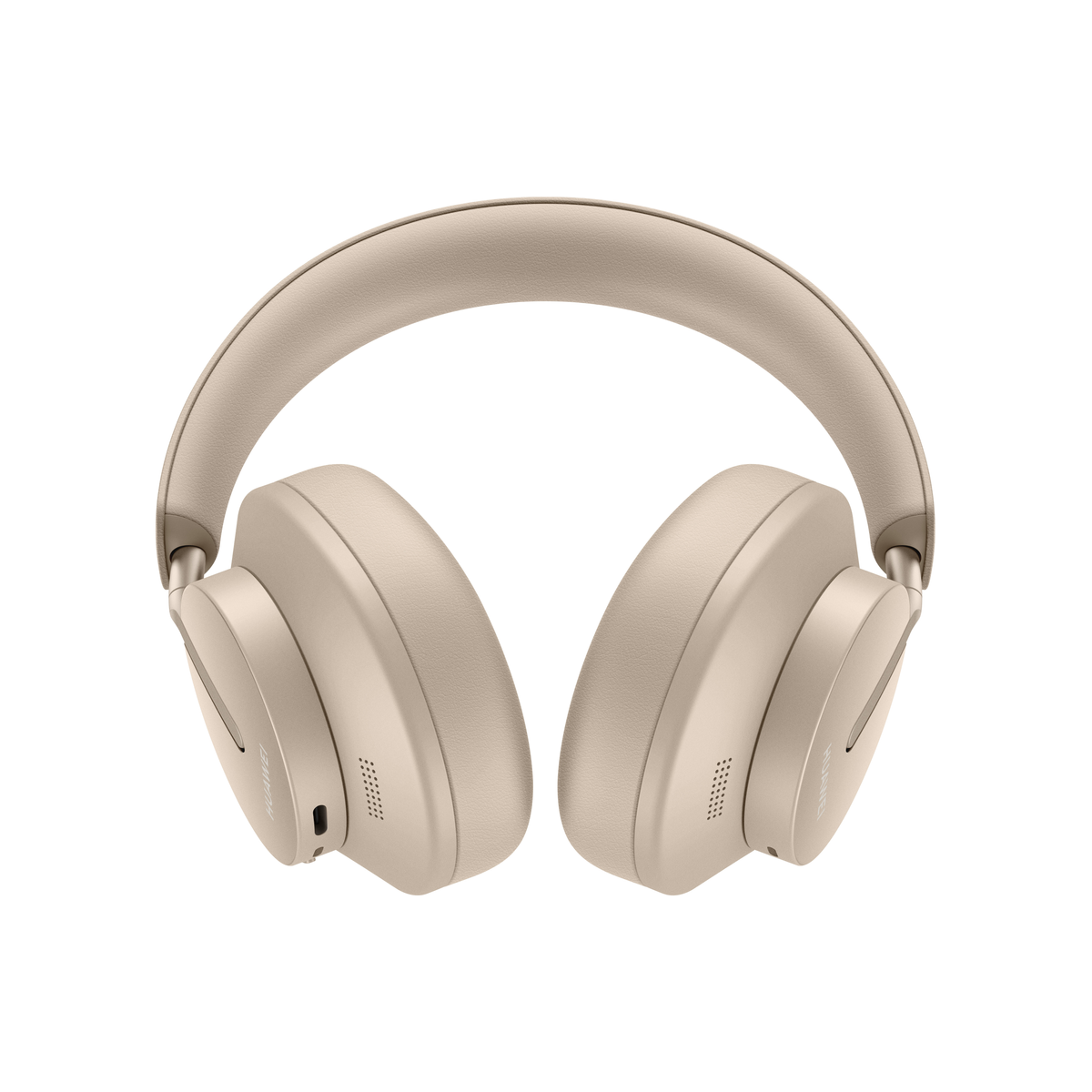 Beige Kopfhörer werden gezeigt. Die Kopfhörer sind Over-Ear-Stil, auf weißem Hintergrund.