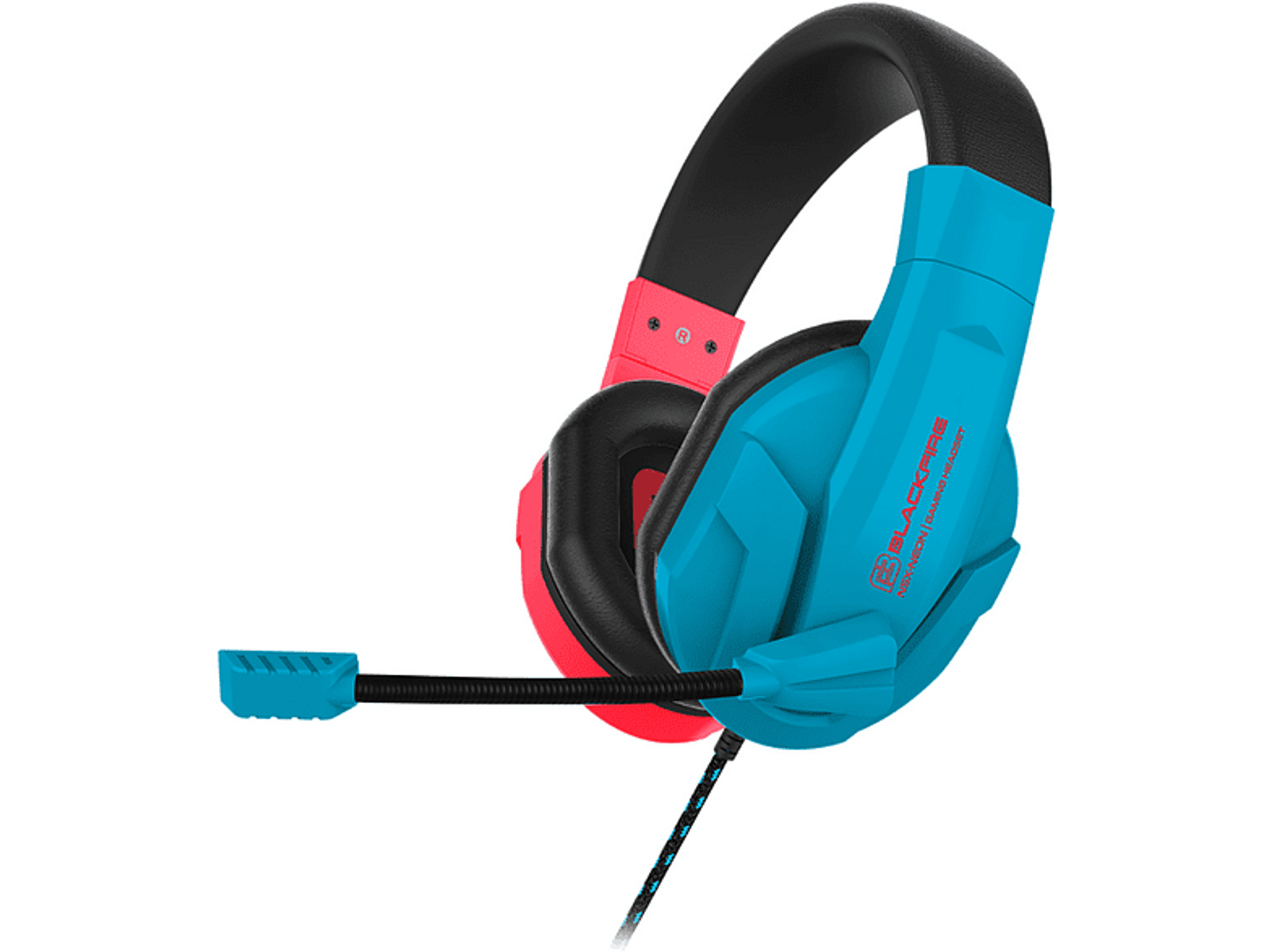 Auriculares para juegos con diseño azul y rojo. Los auriculares tienen un micrófono incorporado.