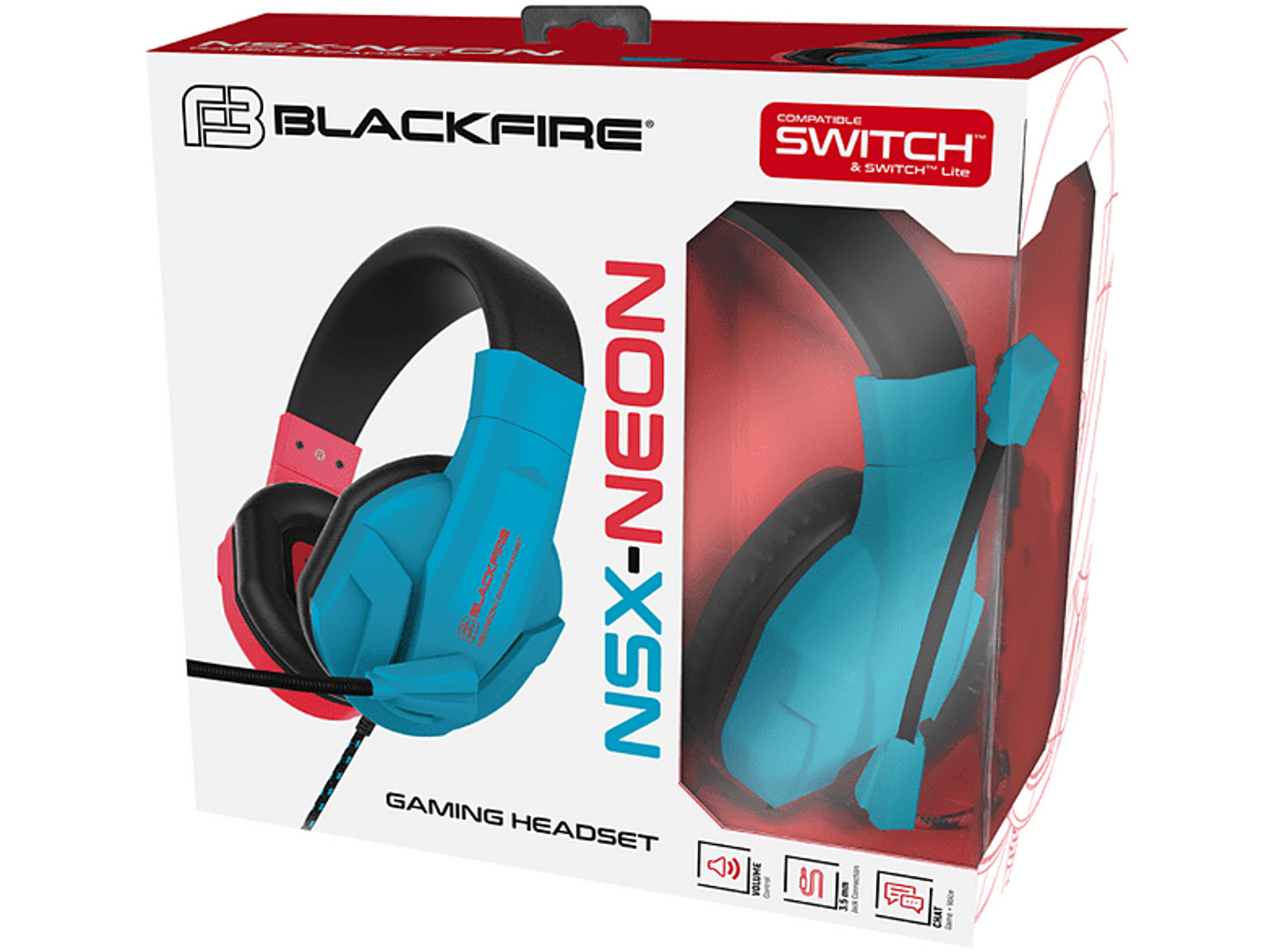 Auriculares para juegos en una caja, con almohadillas azules y diadema roja.