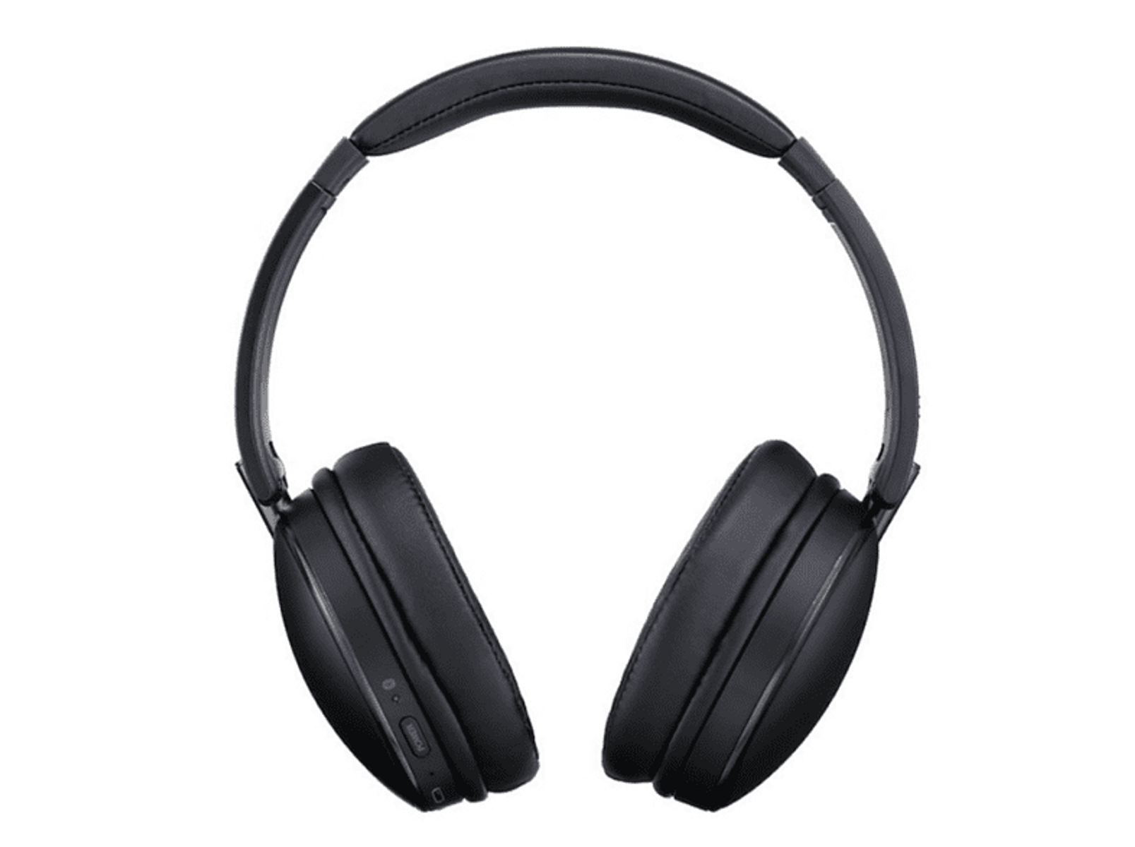 Un par de auriculares negros con un botón y un logotipo en el lateral.