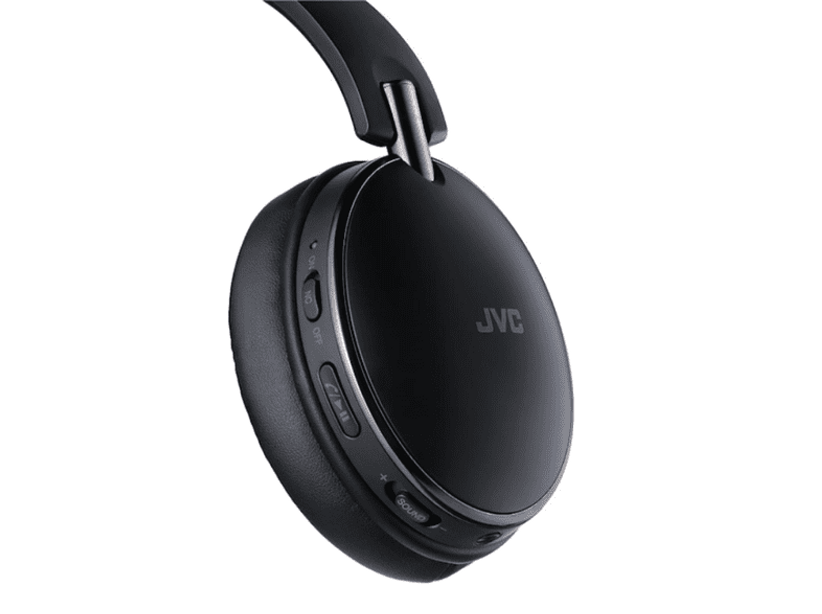Auriculares JVC negros con botones laterales. El fondo es un degradado borroso.