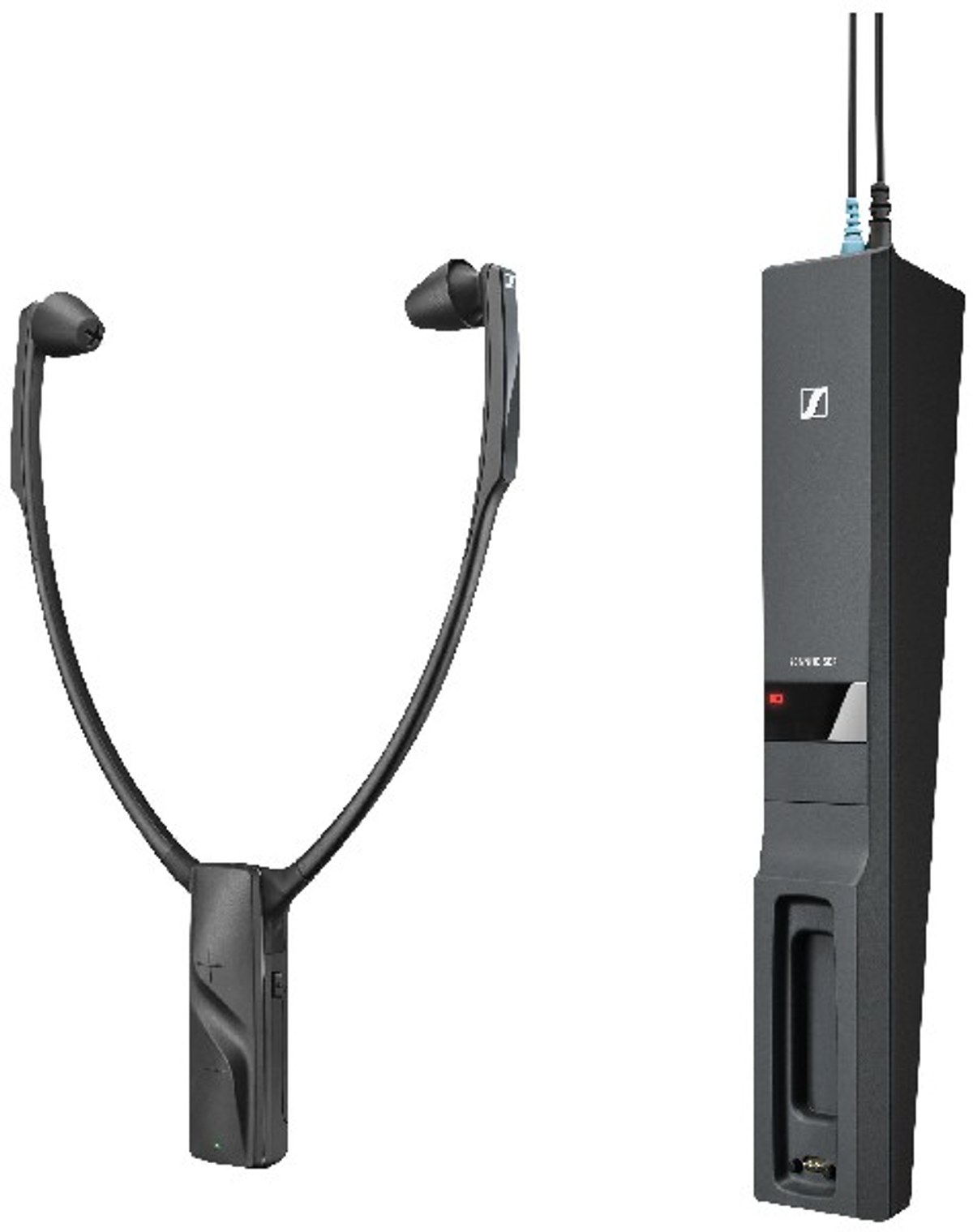 Schwarze Nackenbügel-Kopfhörer mit Ladestation und Sennheiser-Logo.