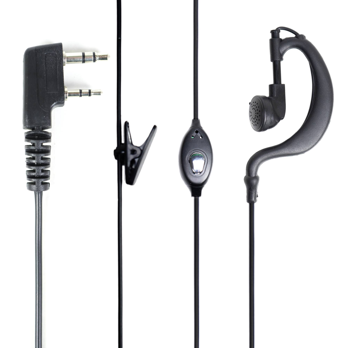 Nahaufnahme eines Headsets mit schwarzem Stecker, Clip, Inline-Steuerung und gebogenem Ohrhörer.