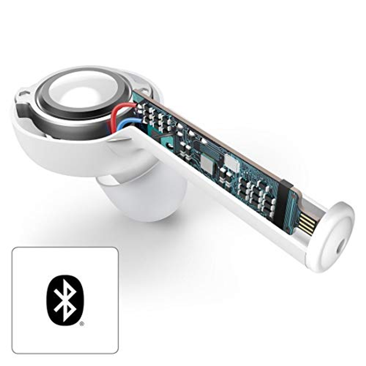 Ein weißer Ohrhörer ist halbiert und gibt die internen Komponenten frei, mit einem Bluetooth-Logo unten links.