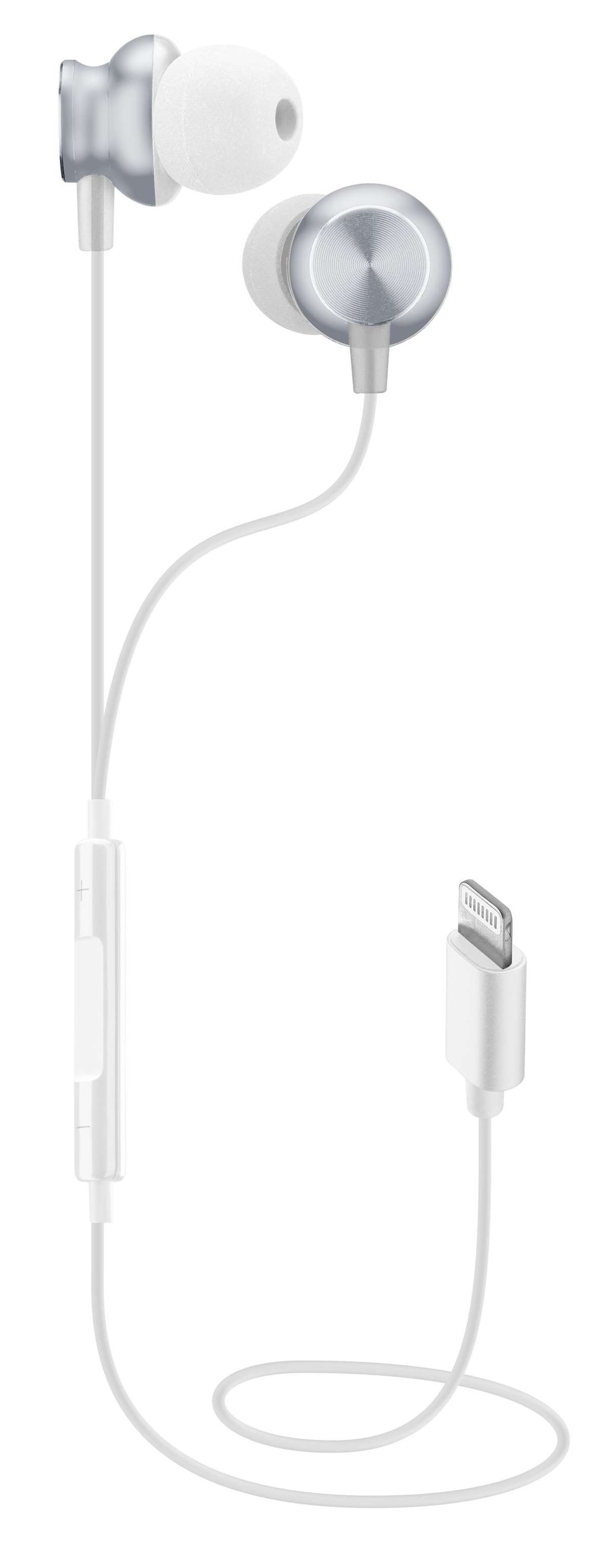 Auriculares blancos y plateados y un cable con conector Lightning blanco. Fondo blanco.