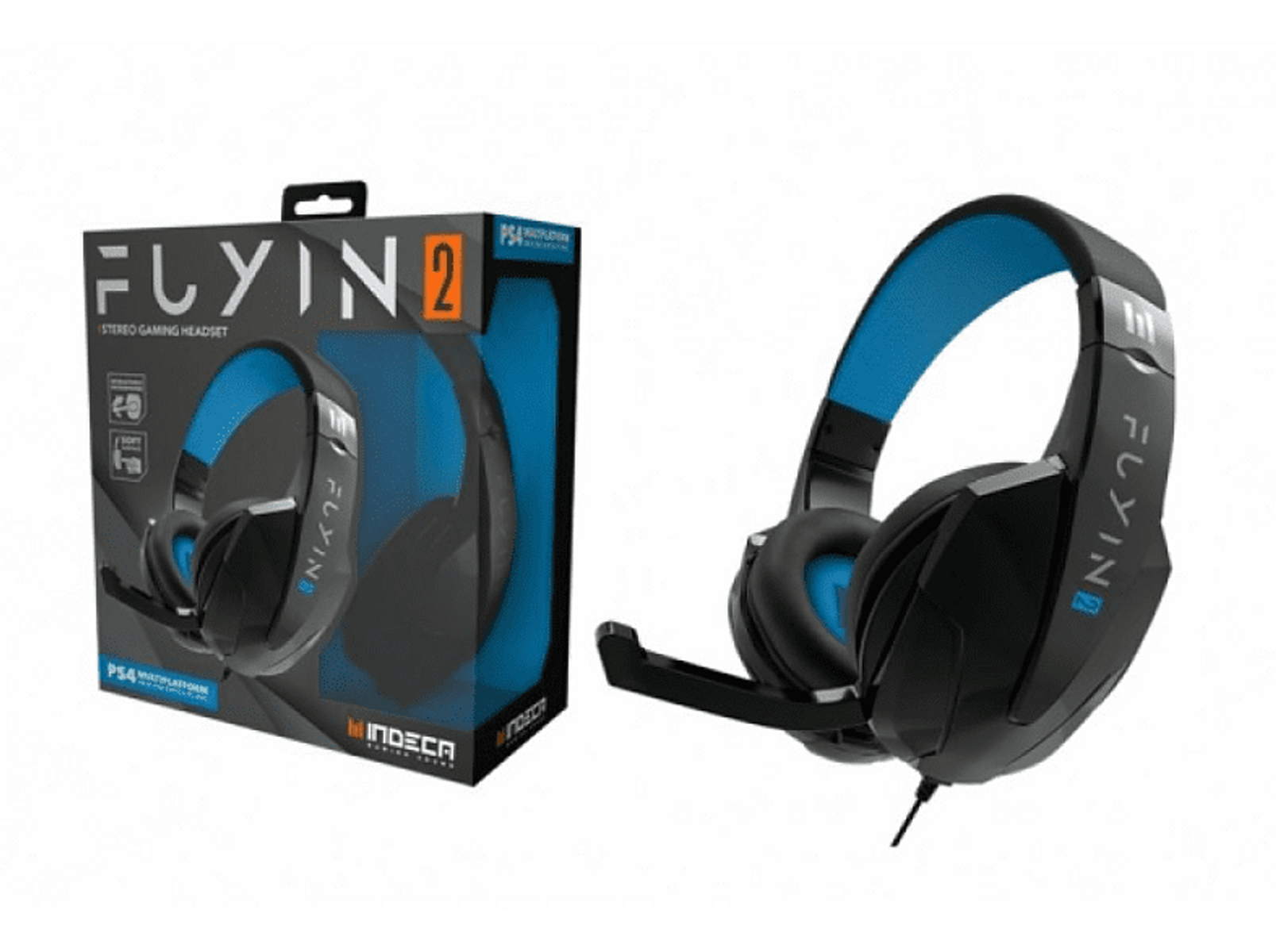 Czarno-niebieski zestaw słuchawkowy do gier z pudełkiem. Pudełko pokazuje zestaw słuchawkowy i jego funkcje.