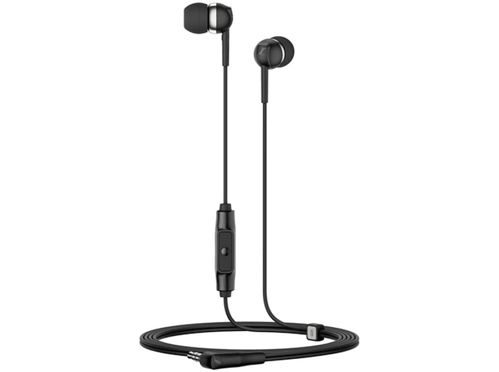 Zwarte in-ear oortelefoons met een bedieningsknop op de kabel. Een zwarte microfoon is ook zichtbaar.