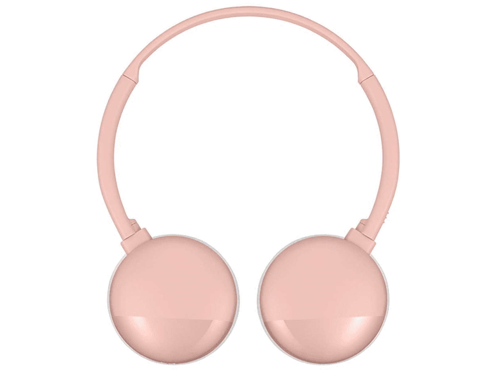 Un paio di cuffie rosa appese su uno sfondo bianco, vista dall'alto, design minimalista.