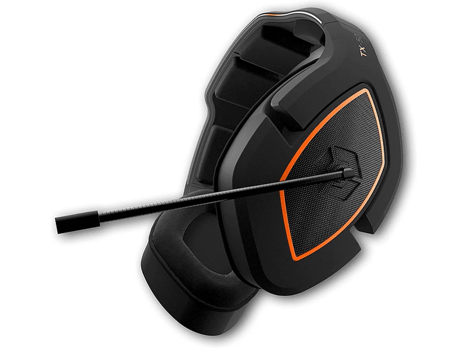 Zestaw słuchawkowy dla graczy, czarny z pomarańczowymi akcentami. Mikrofon wychodzi z lewej słuchawki.