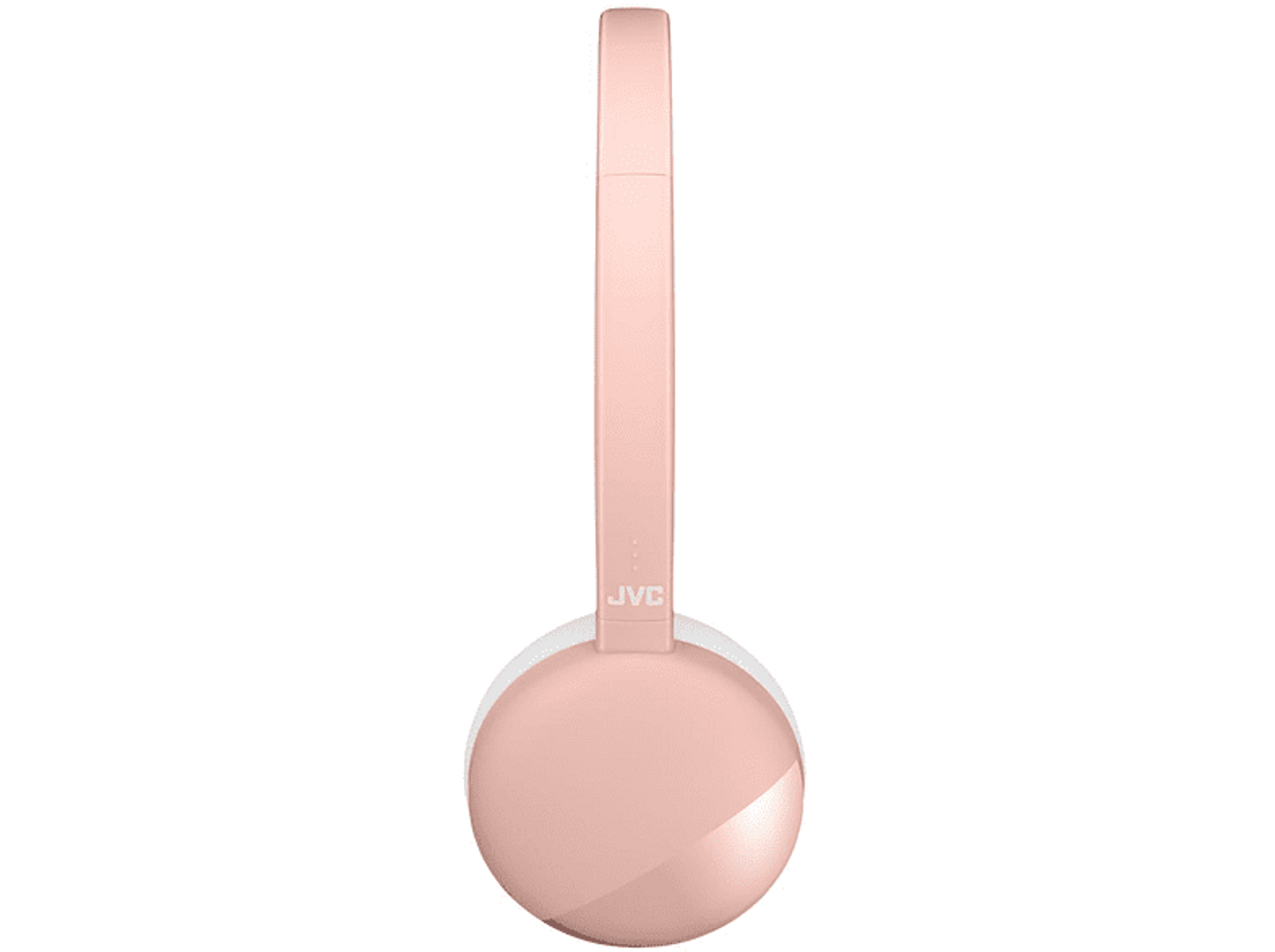 Primo piano di una cuffia rosa. Il logo JVC è sulla fascia. Lo sfondo è nero.