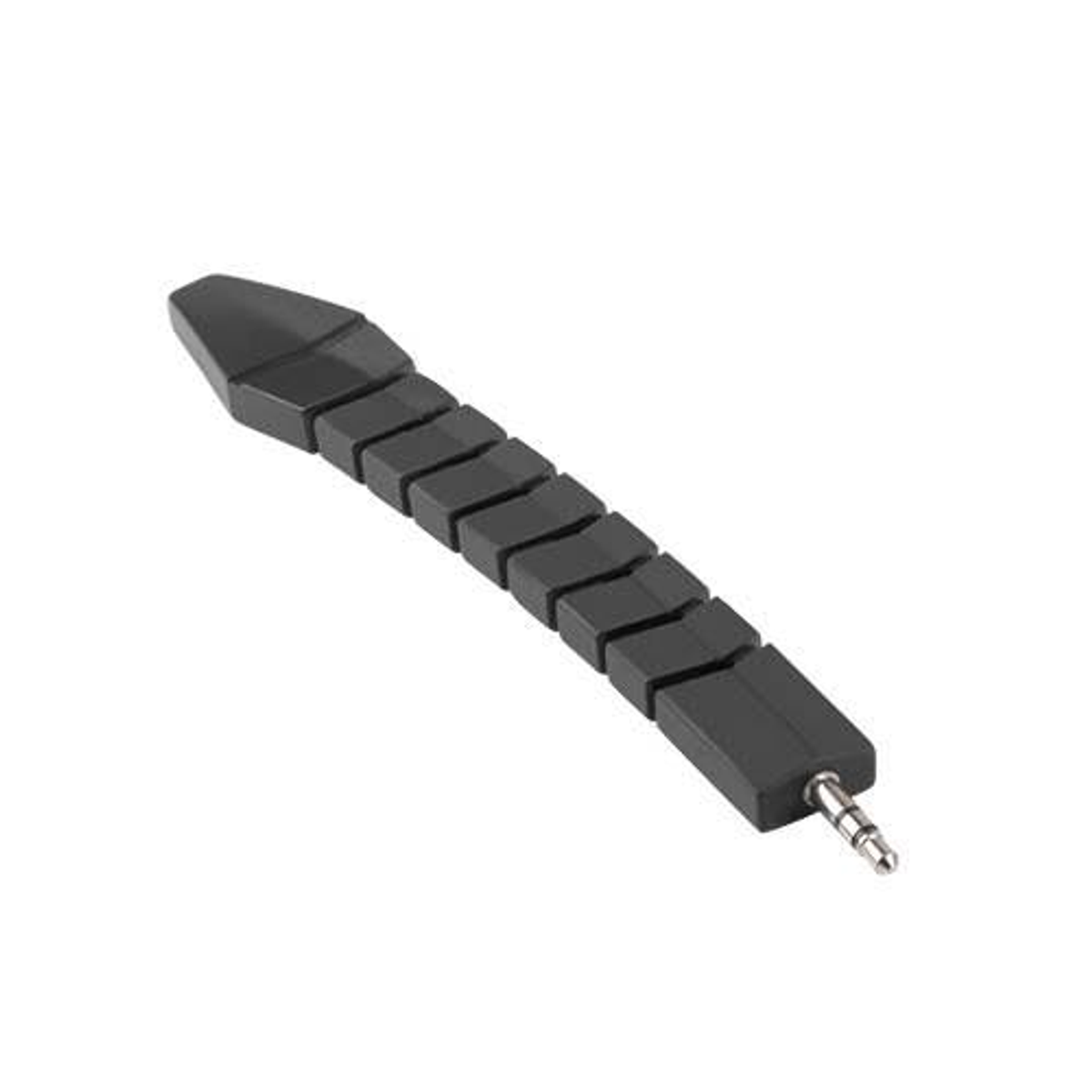 Cavo audio nero, segmentato, a forma di serpente. Isolato su sfondo bianco.