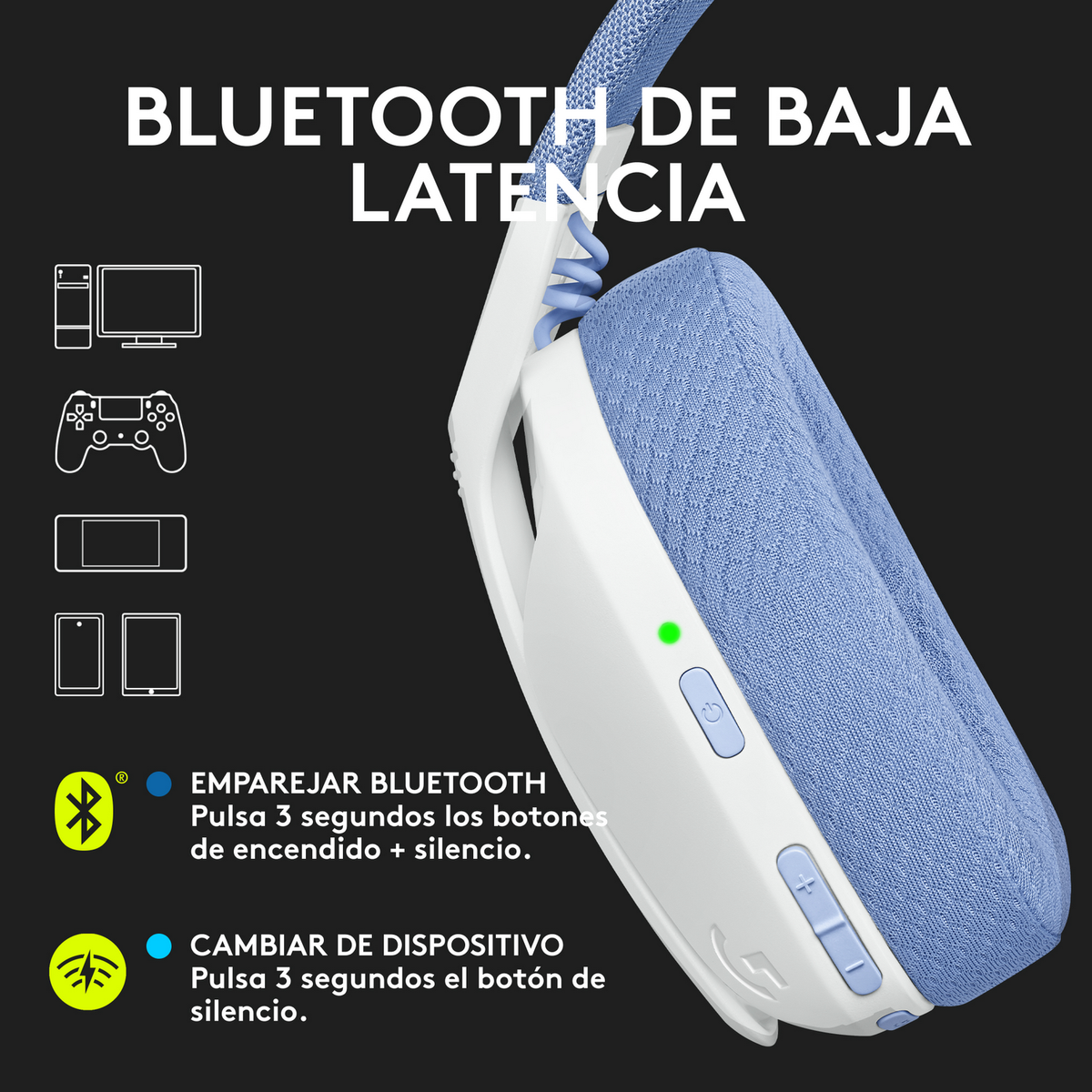 Białe i niebieskie słuchawki. Tekst zawiera instrukcje parowania Bluetooth.