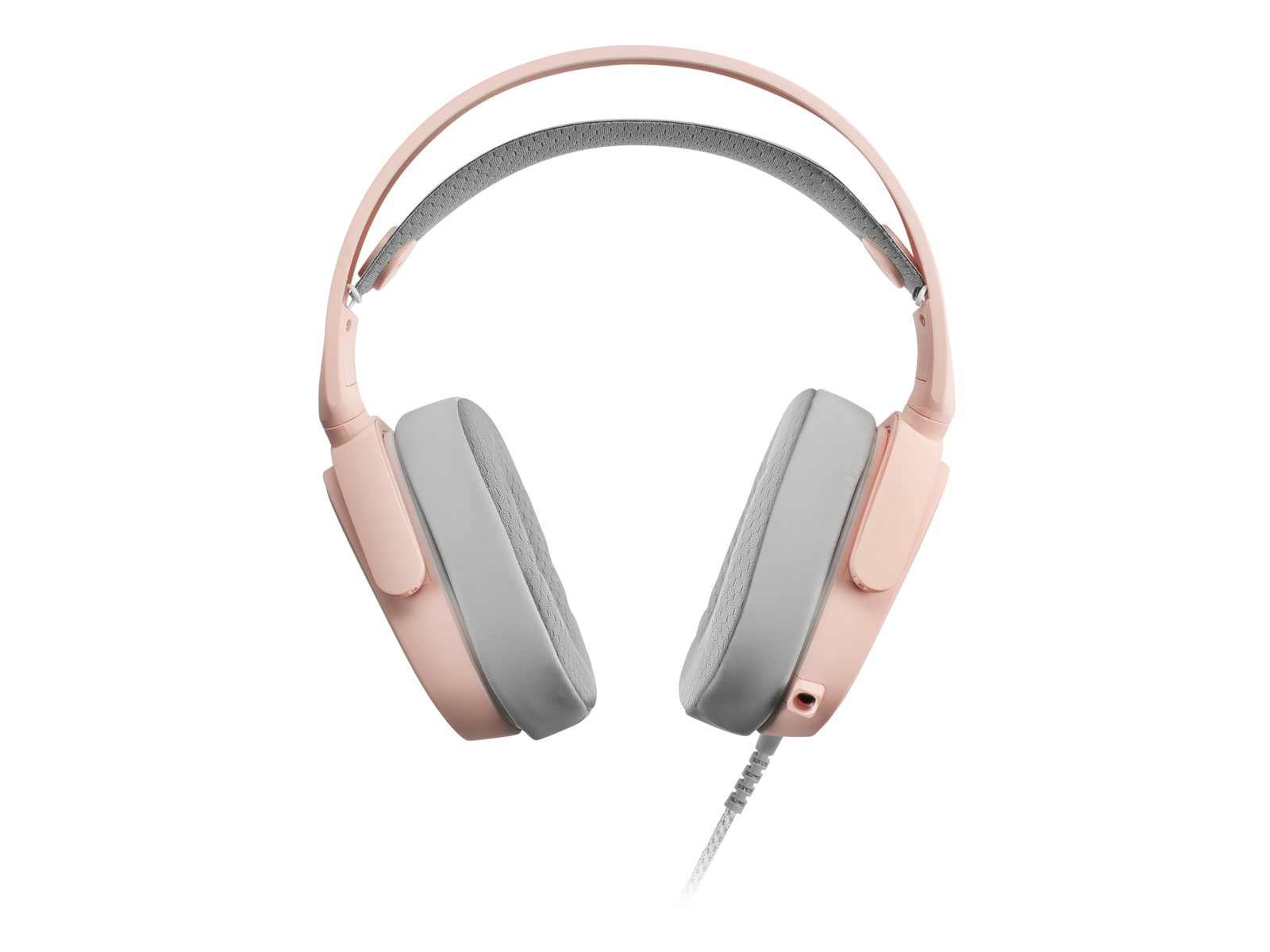 Auriculares rosas y grises, vista frontal, fondo blanco.