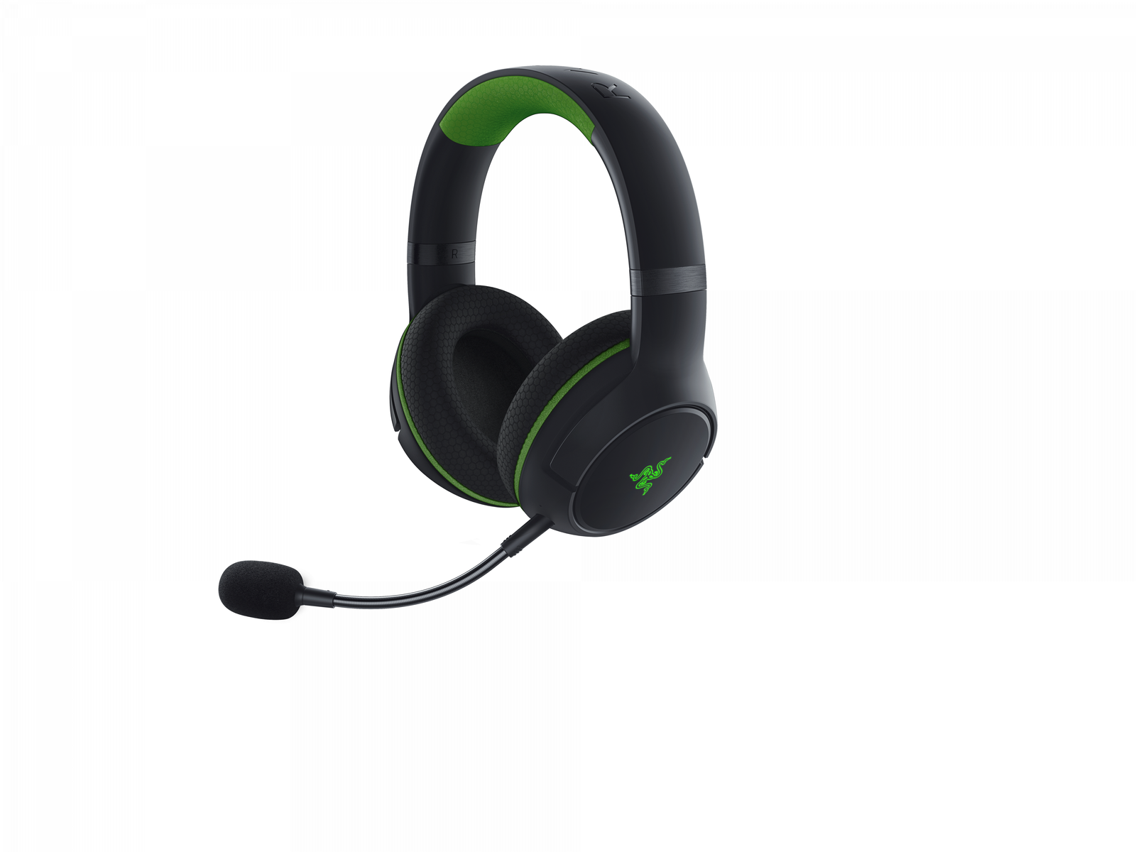 Schwarzes und grünes Razer-Headset mit Mikrofon. Weißer Hintergrund.