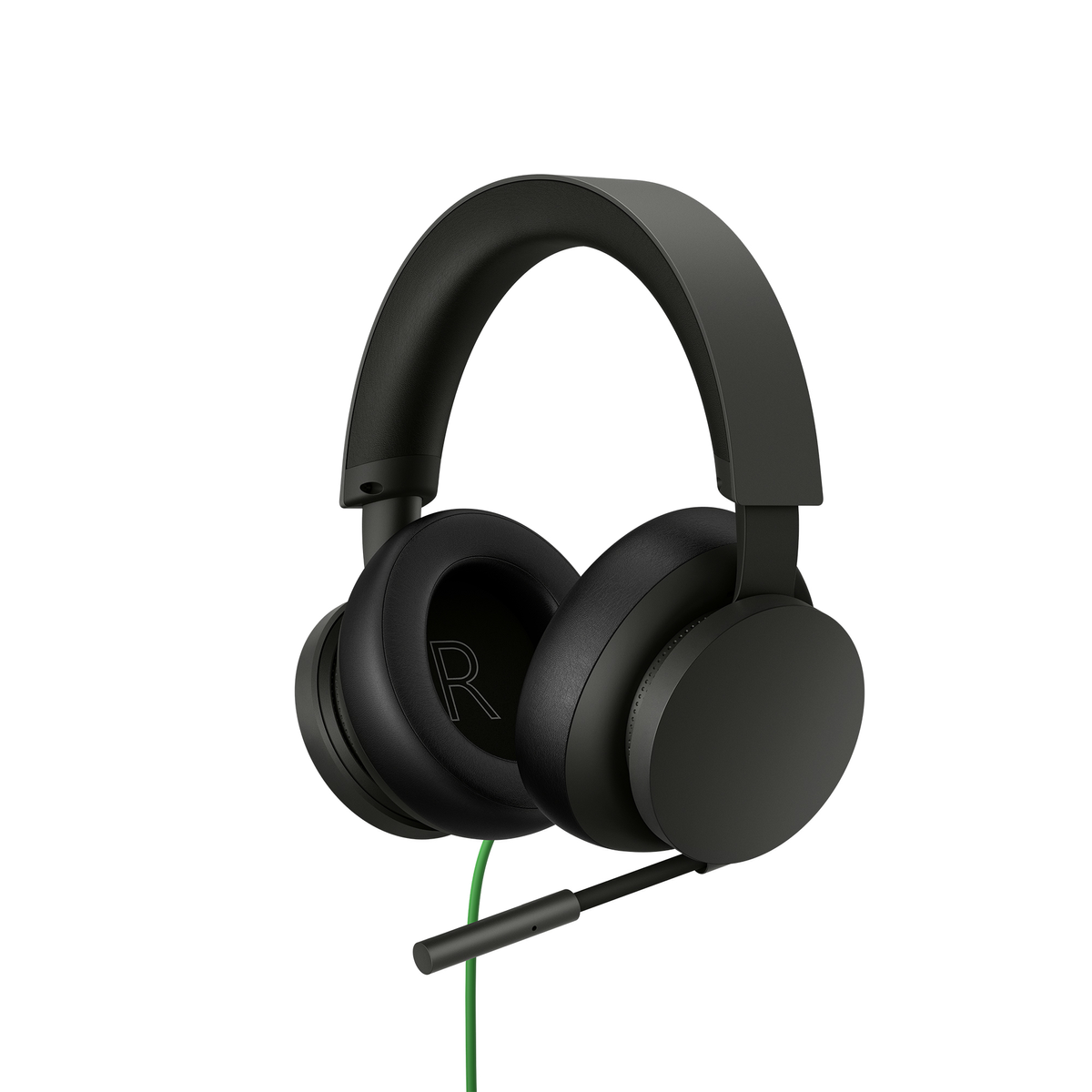 Cuffie over-ear nere con microfono e cavo verde.