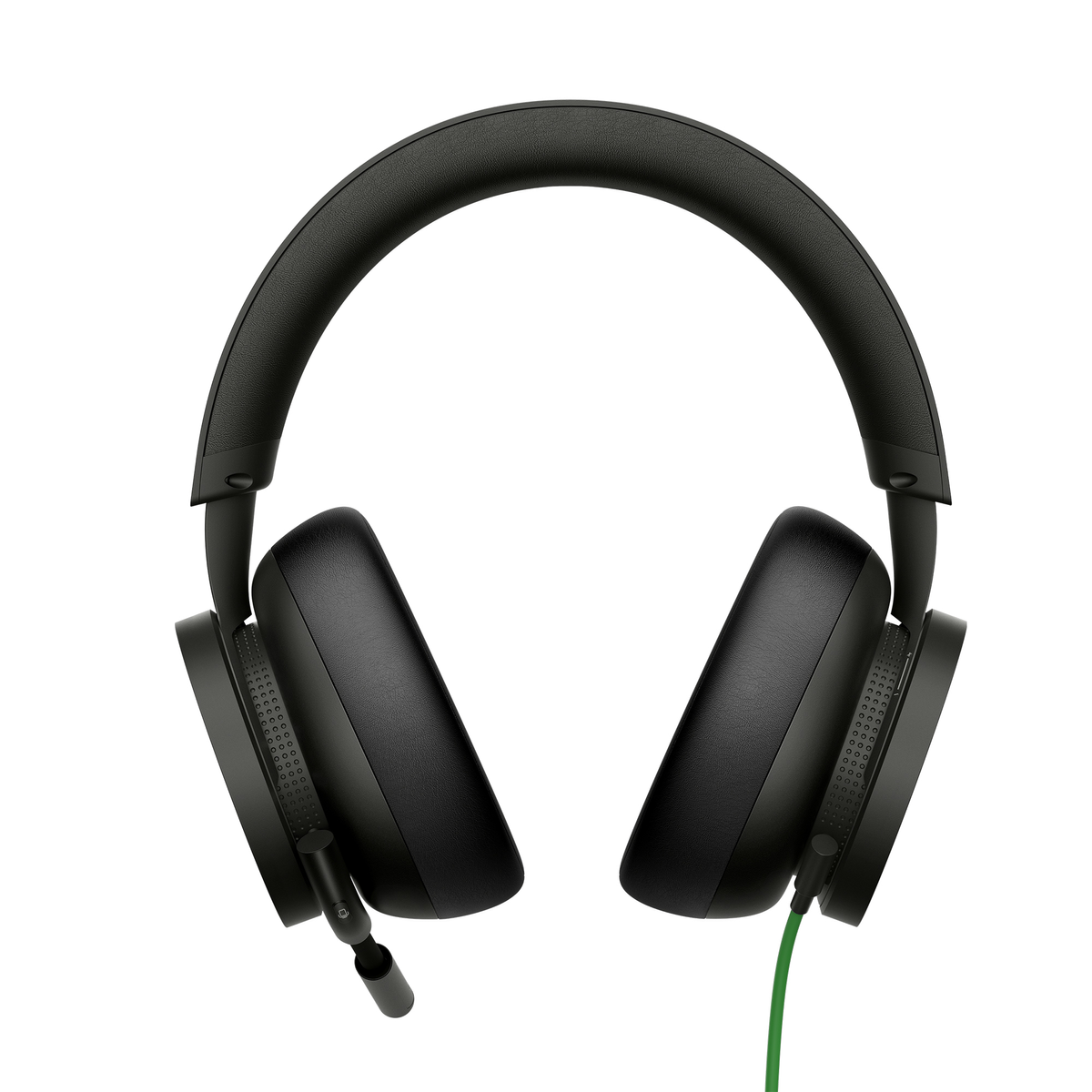 Cuffie nere, fascia nera, padiglioni neri, cavo verde, sfondo bianco.