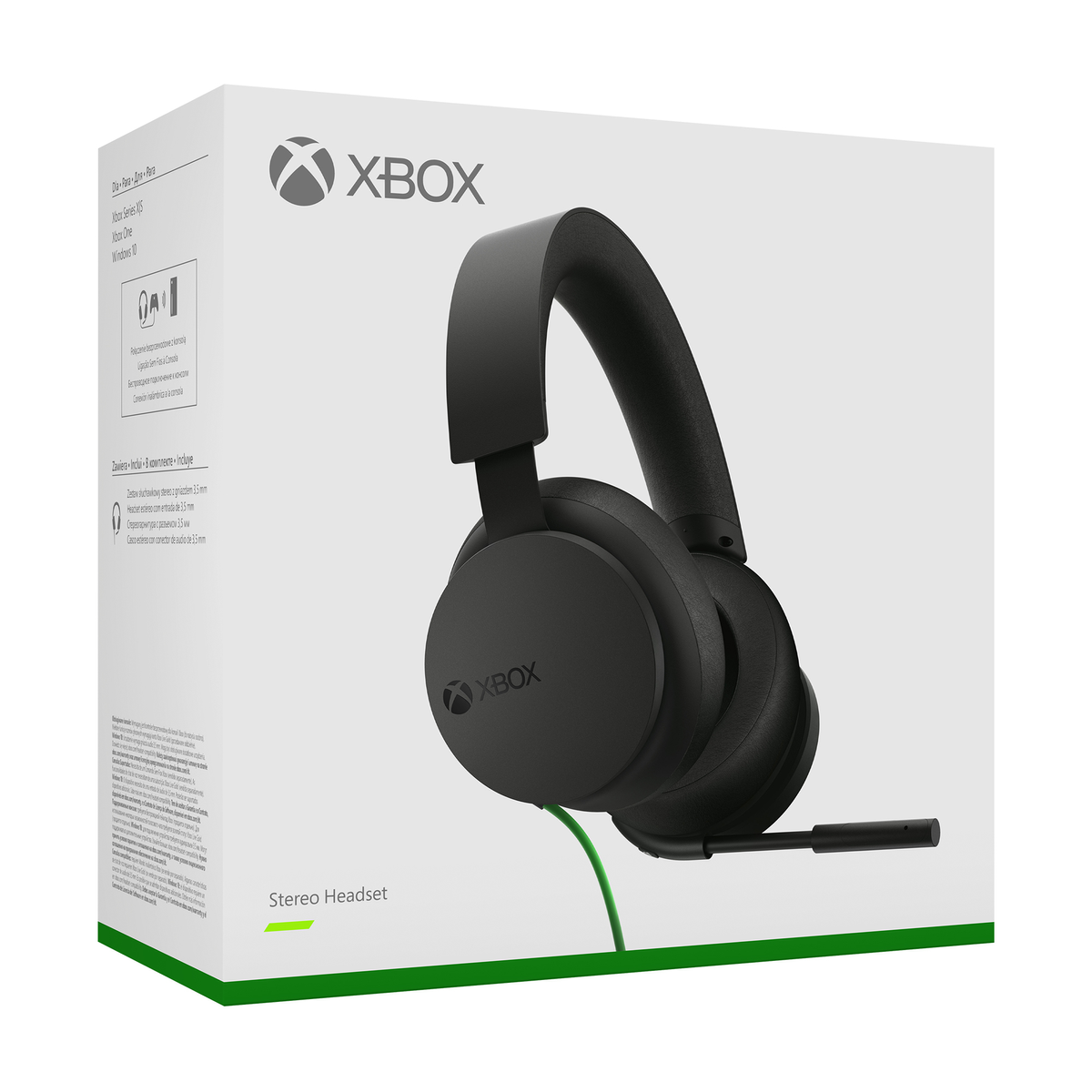 Cuffie stereo Xbox in scatola. Scatola bianca con cuffie nere e cavo verde.