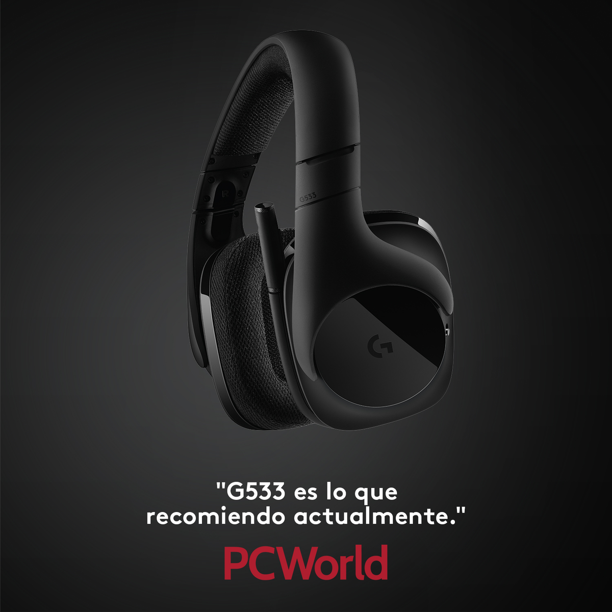 Schwarzes Headset, G533, auf dunklem Hintergrund mit Text: "G533 wird derzeit empfohlen" und dem PCWorld-Logo.