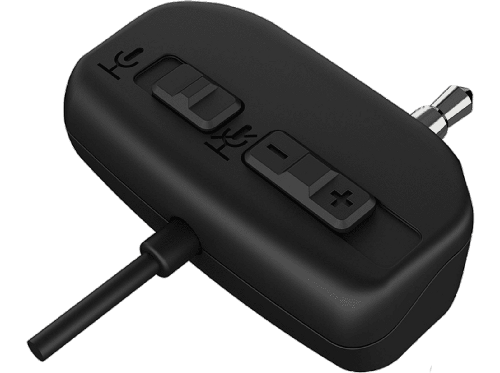 Adattatore di controllo audio nero con pulsanti per microfono e volume. Cavo e jack.