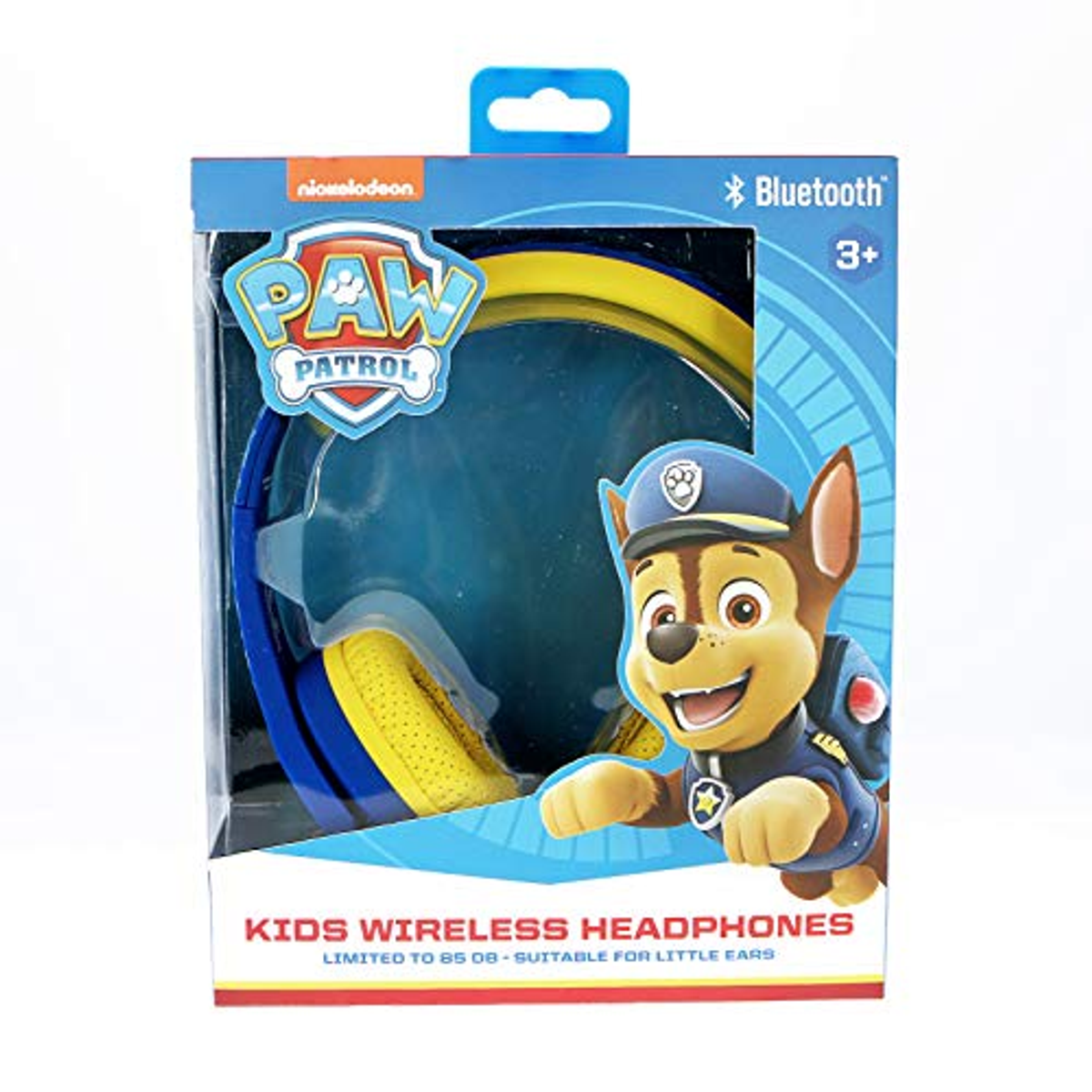 Boxed Paw Patrol Kinder-Funkkopfhörer. Chase ist vorne. Blaues und gelbes Design.