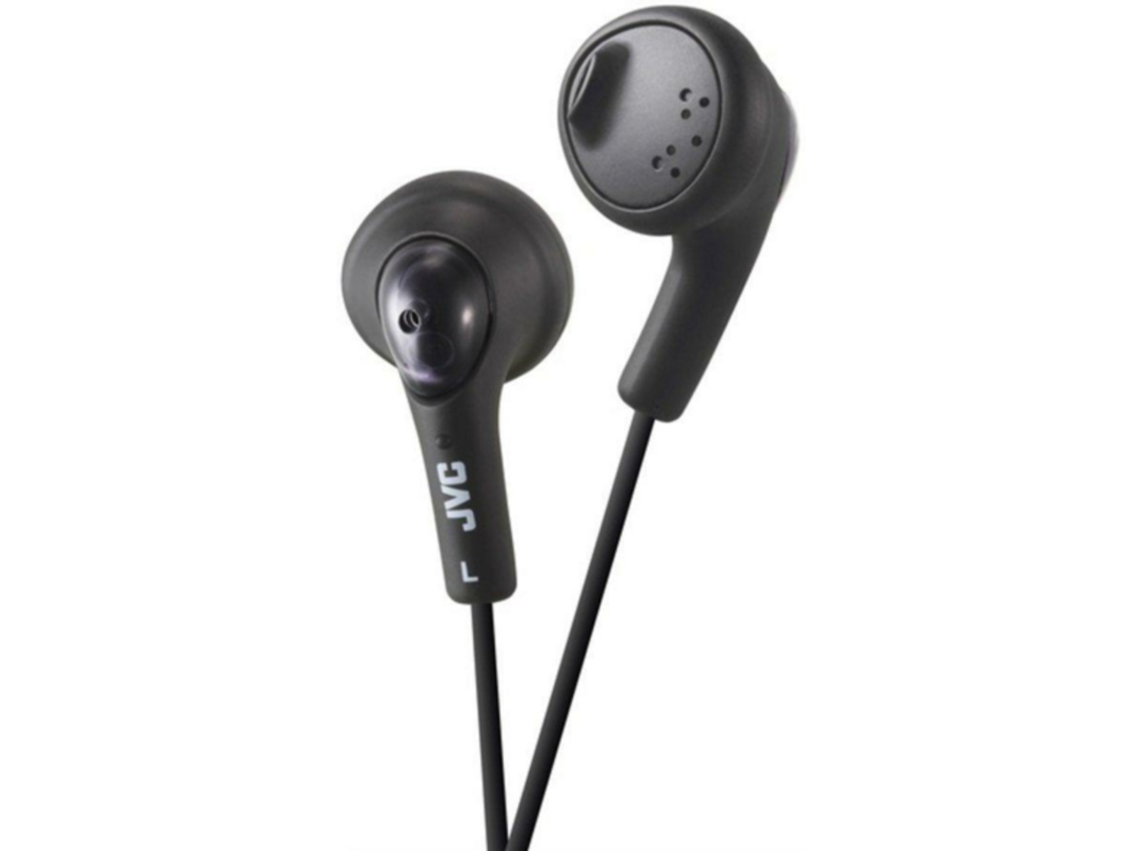 Auricolari JVC neri con logo JVC, sfondo scuro.