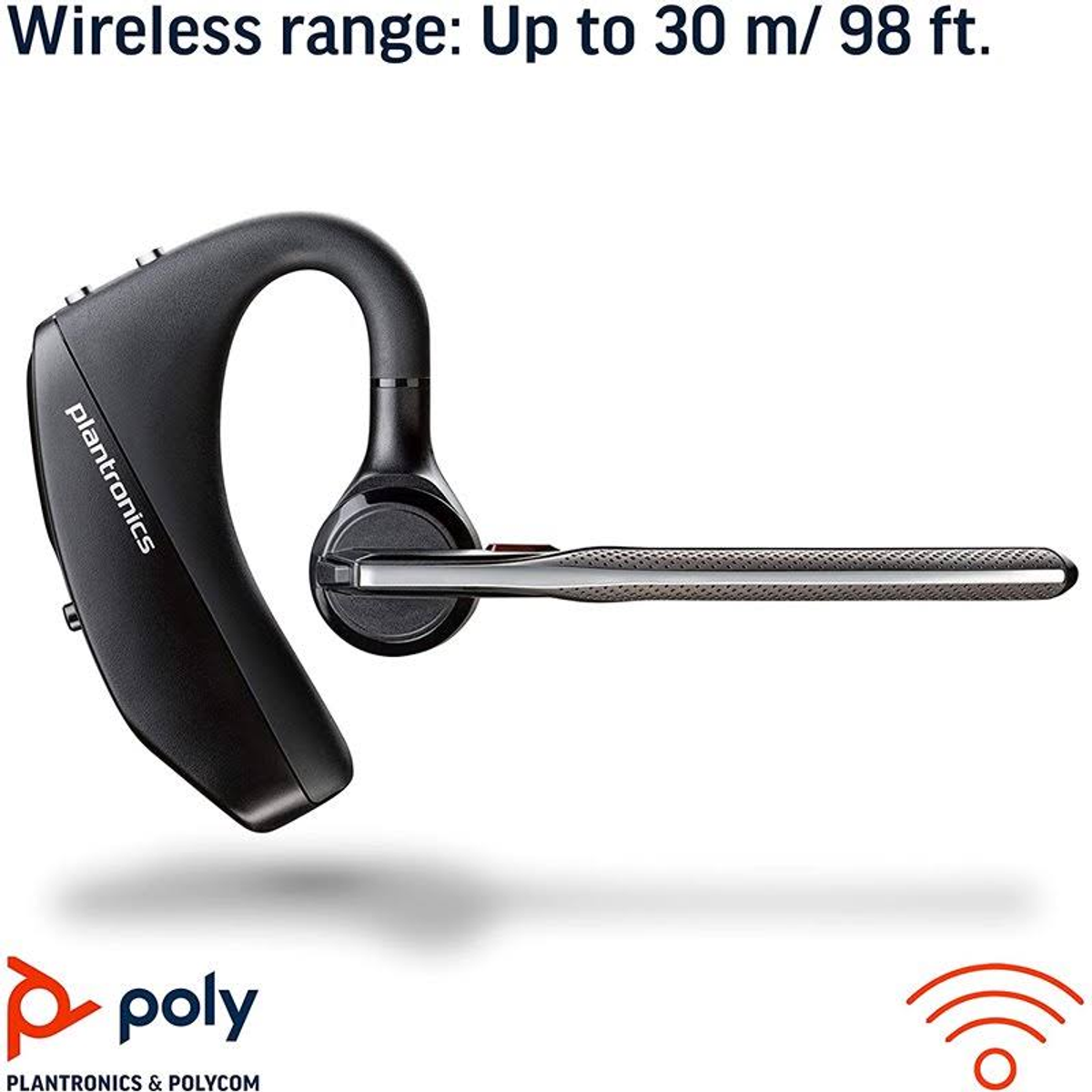 Cuffia Plantronics Bluetooth nera su sfondo bianco, con portata wireless di 30 m.