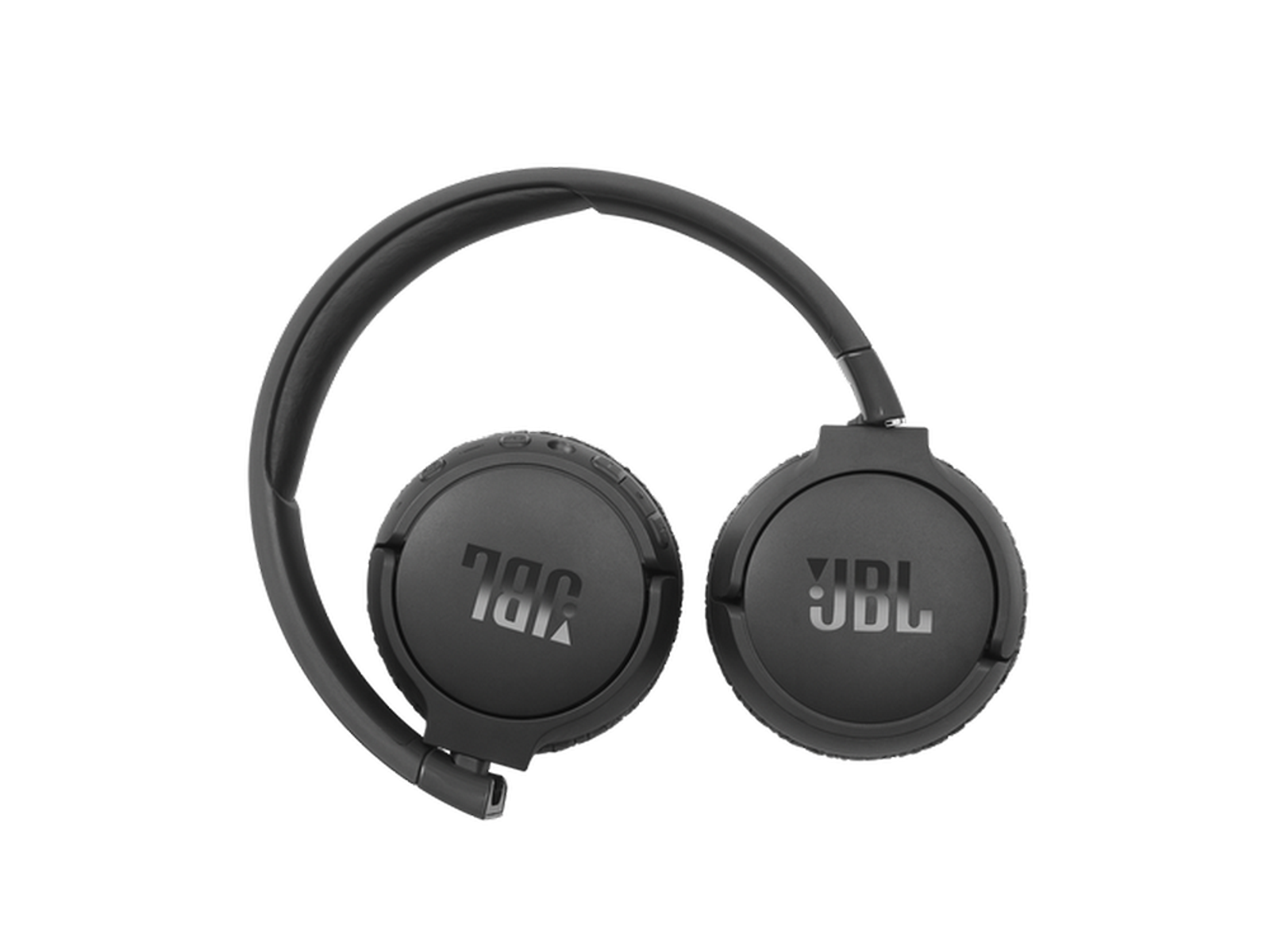 Schwarze JBL-Kopfhörer, gefaltet. JBL-Logo auf beiden Ohrmuscheln sichtbar.