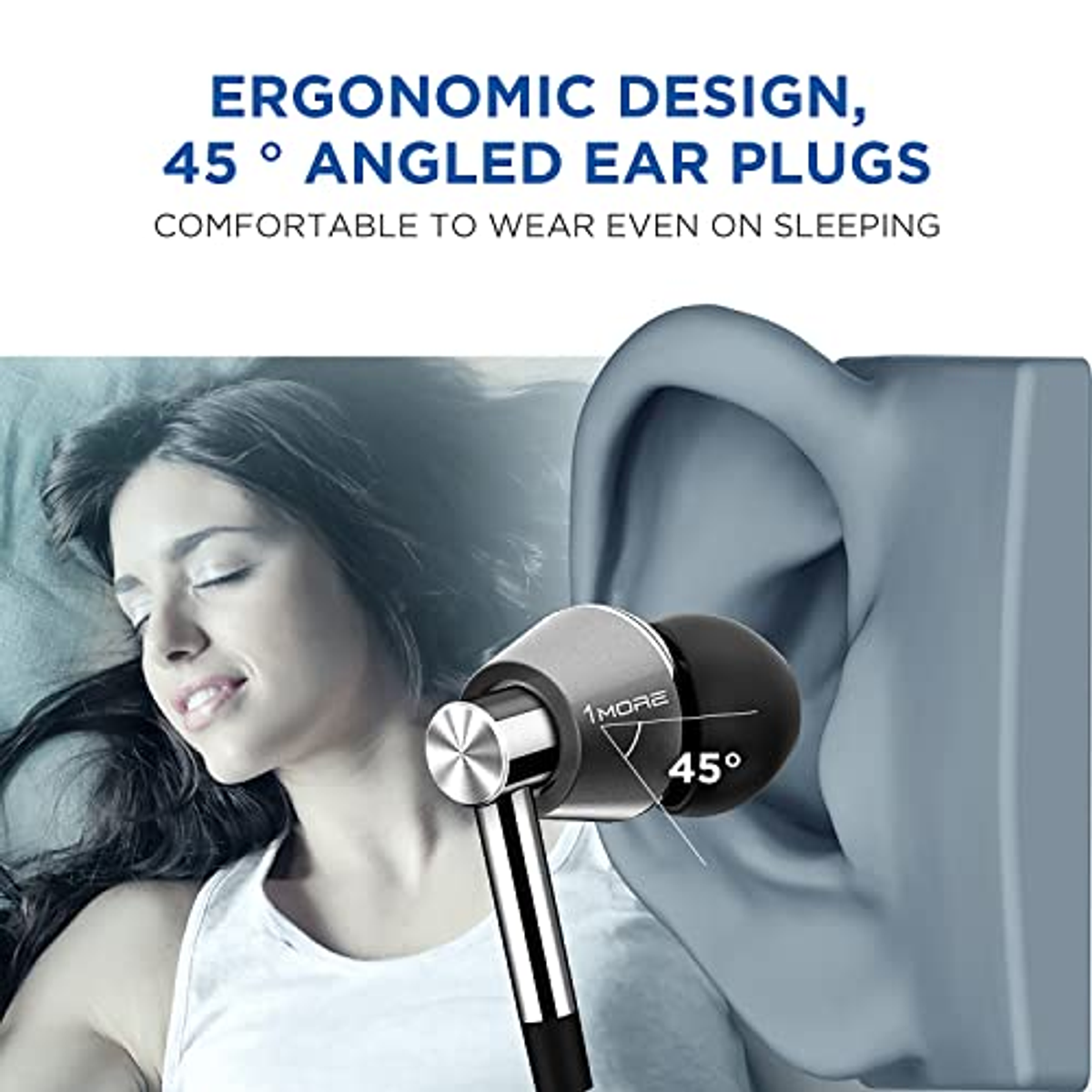 Una persona che indossa un auricolare nero, con testo di design ergonomico e una freccia angolata a 45 gradi.